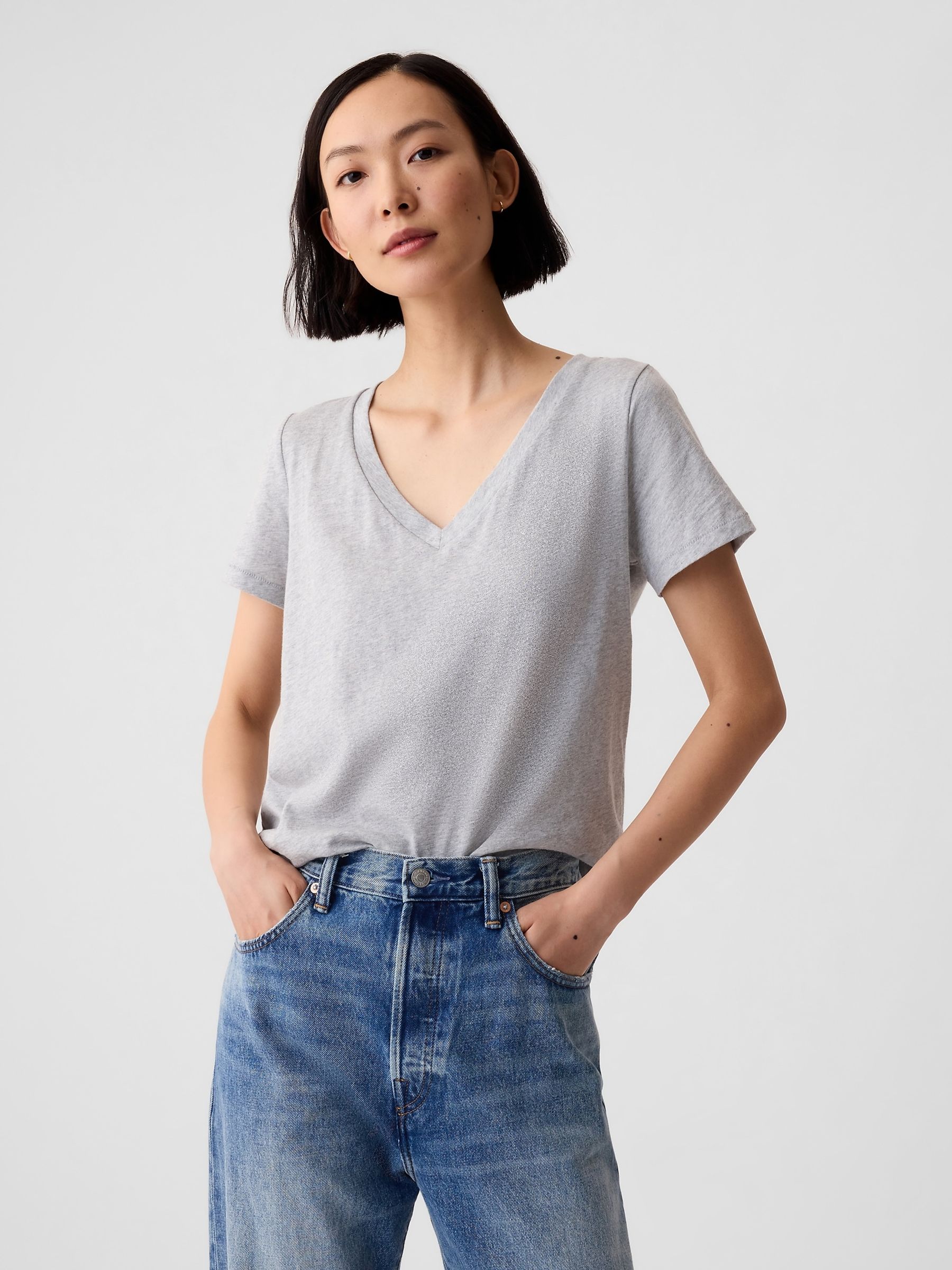 Grey V-Neck Vintage 100% Organic Cotton Short Sleeve T-Shirt - Image 1 of 5