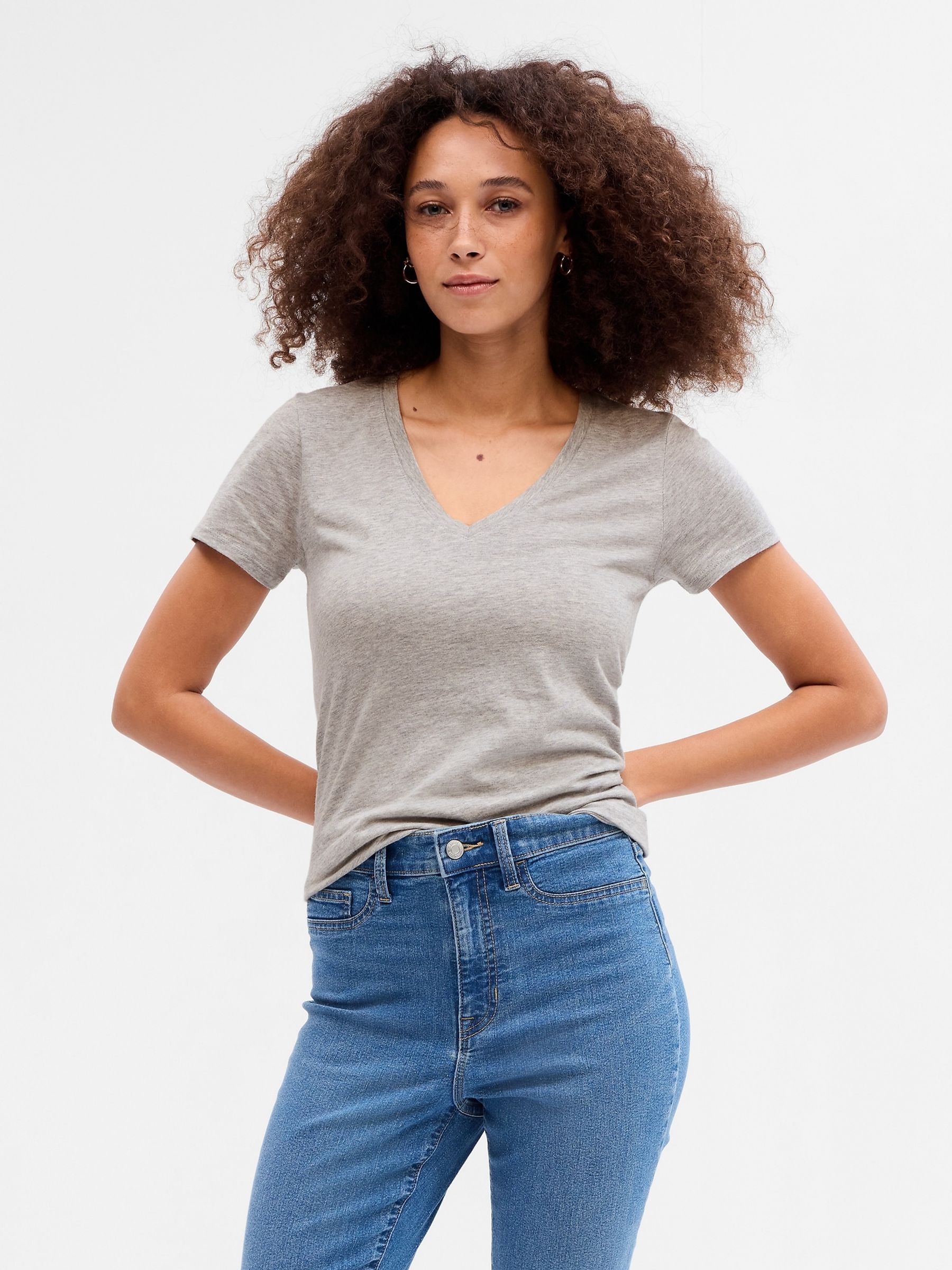 Light Grey V-Neck Favourite Cotton-Modal Short Sleeve T-Shirt - Image 1 of 5