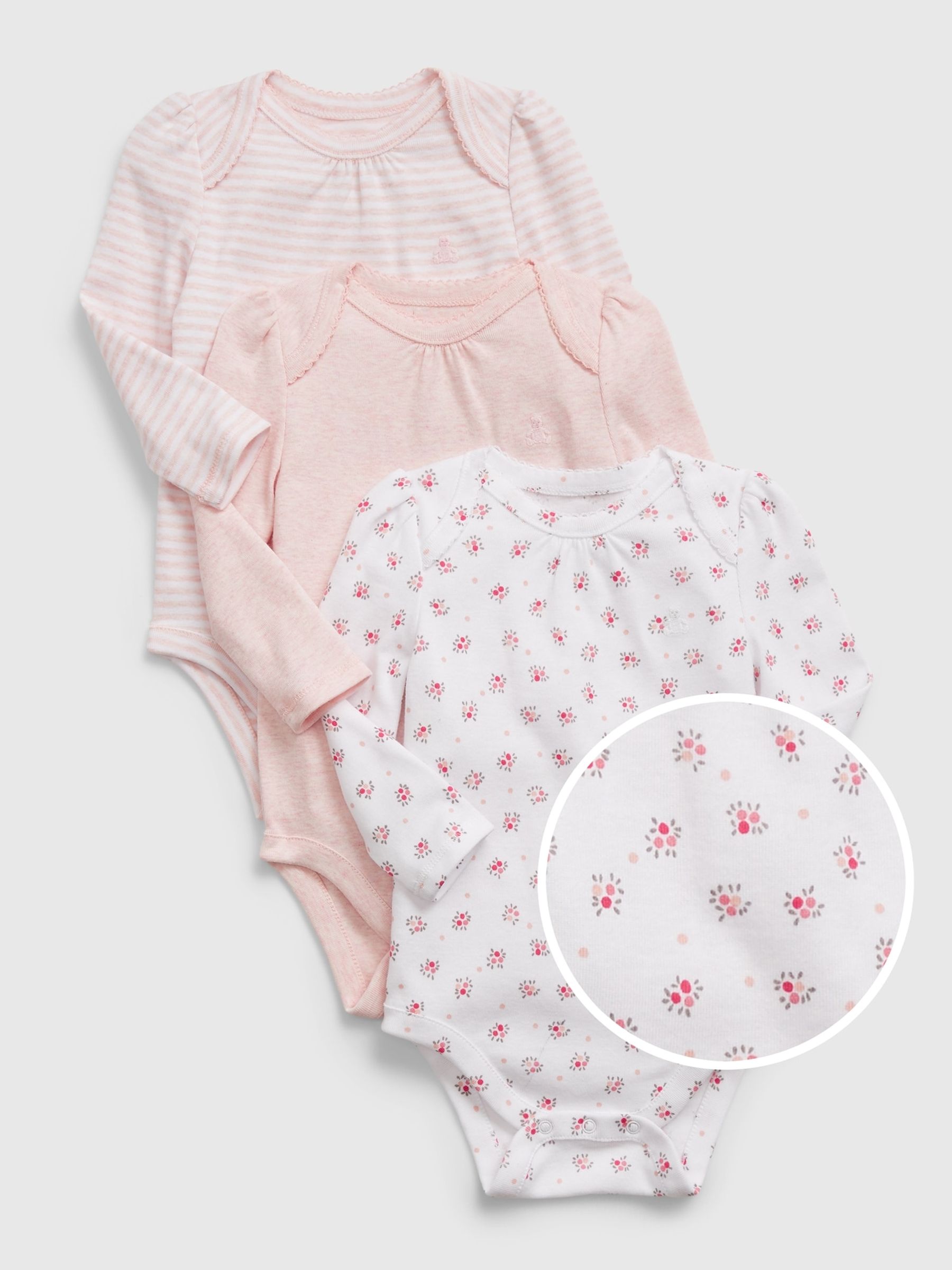 Pink Floral 3 Pack Long Sleeve Baby Bodysuits - Image 1 of 1
