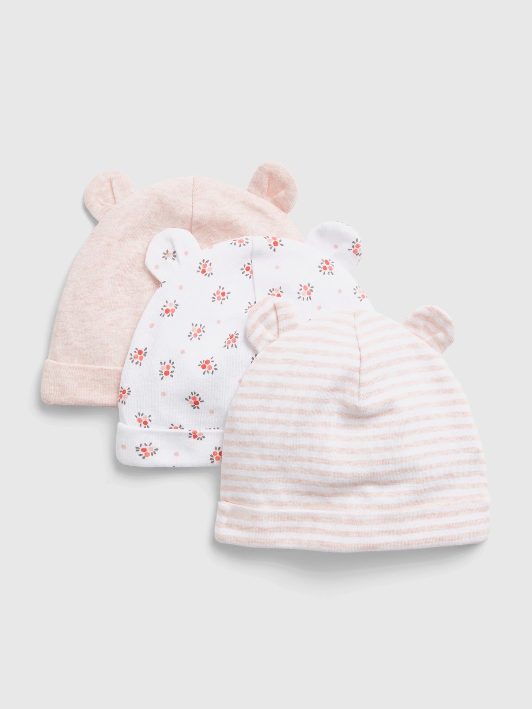 Light Pink Floral Organic Cotton 3 Pack First Favourite Baby Beanie Hats - Image 1 of 1
