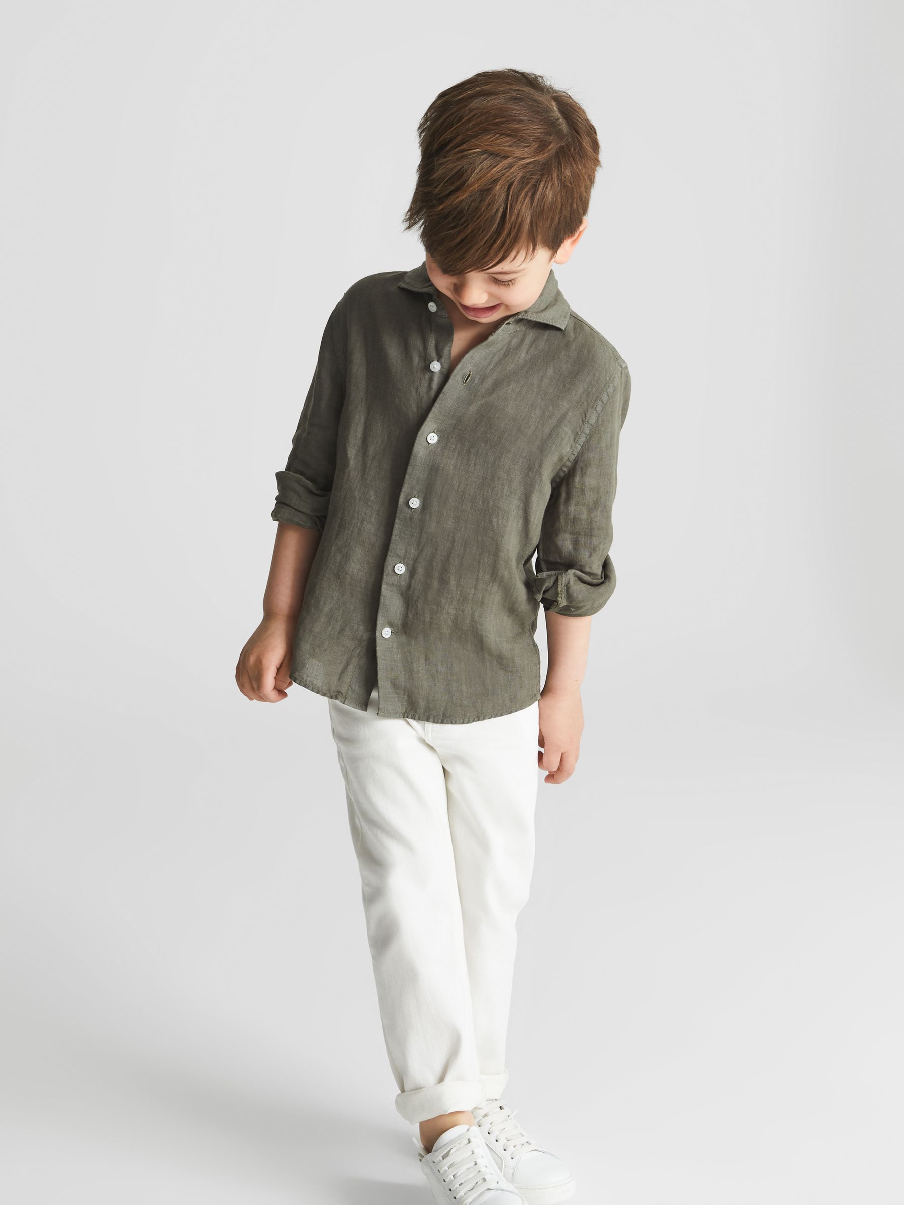Long Sleeve Linen Shirt in Olive - Image 1 of 7