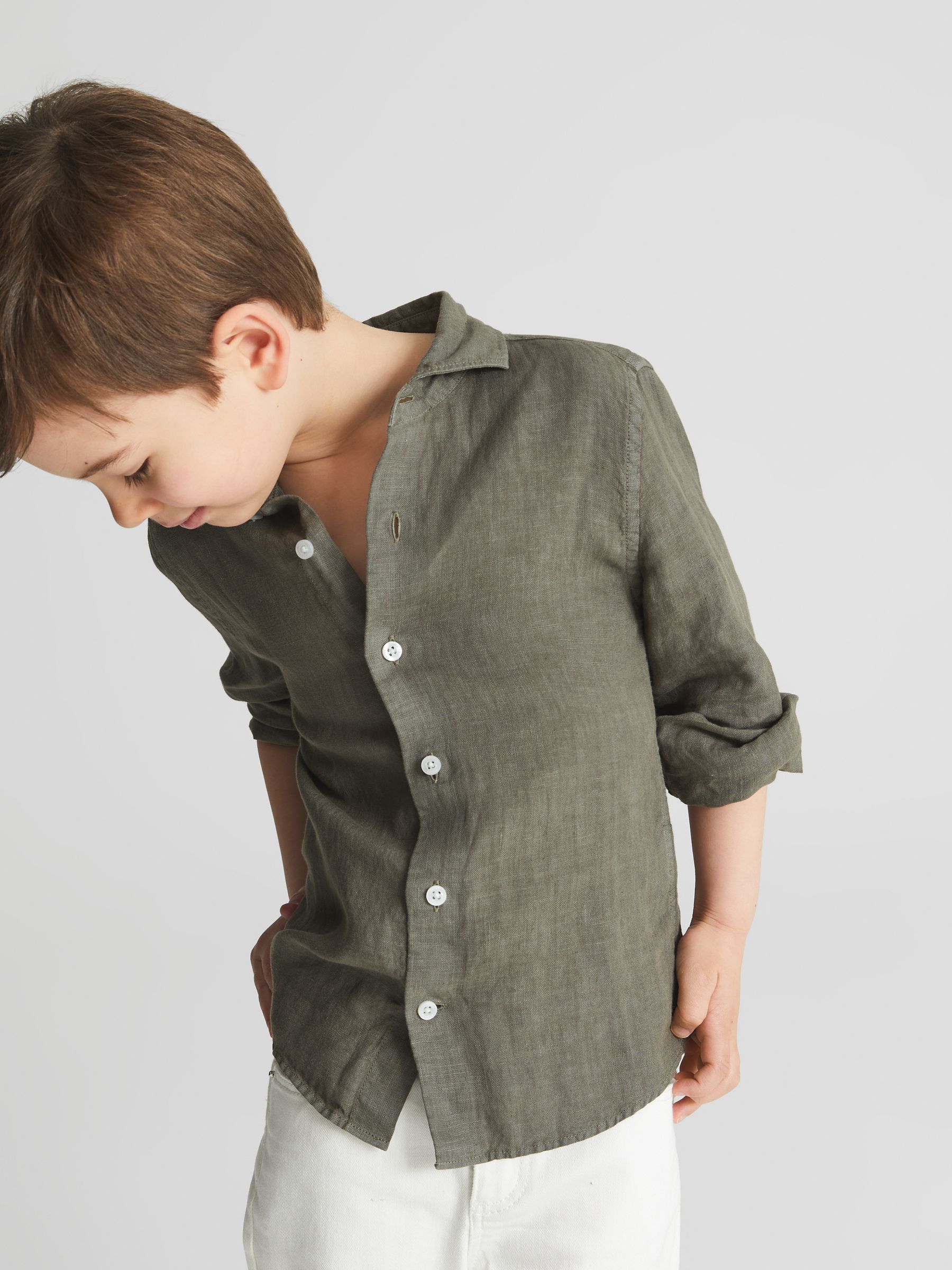 Long Sleeve Linen Shirt in Olive - Image 3 of 7