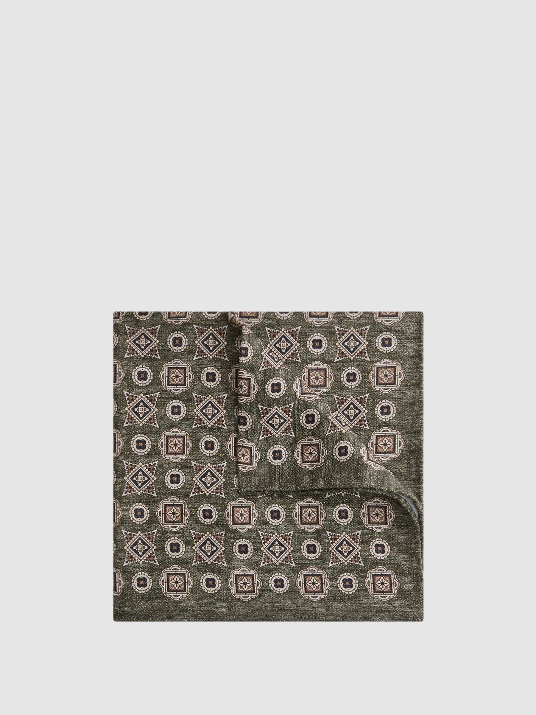 Silk Mixed Medallion Print Pocket Square in Olive Melange - Image 1 of 5