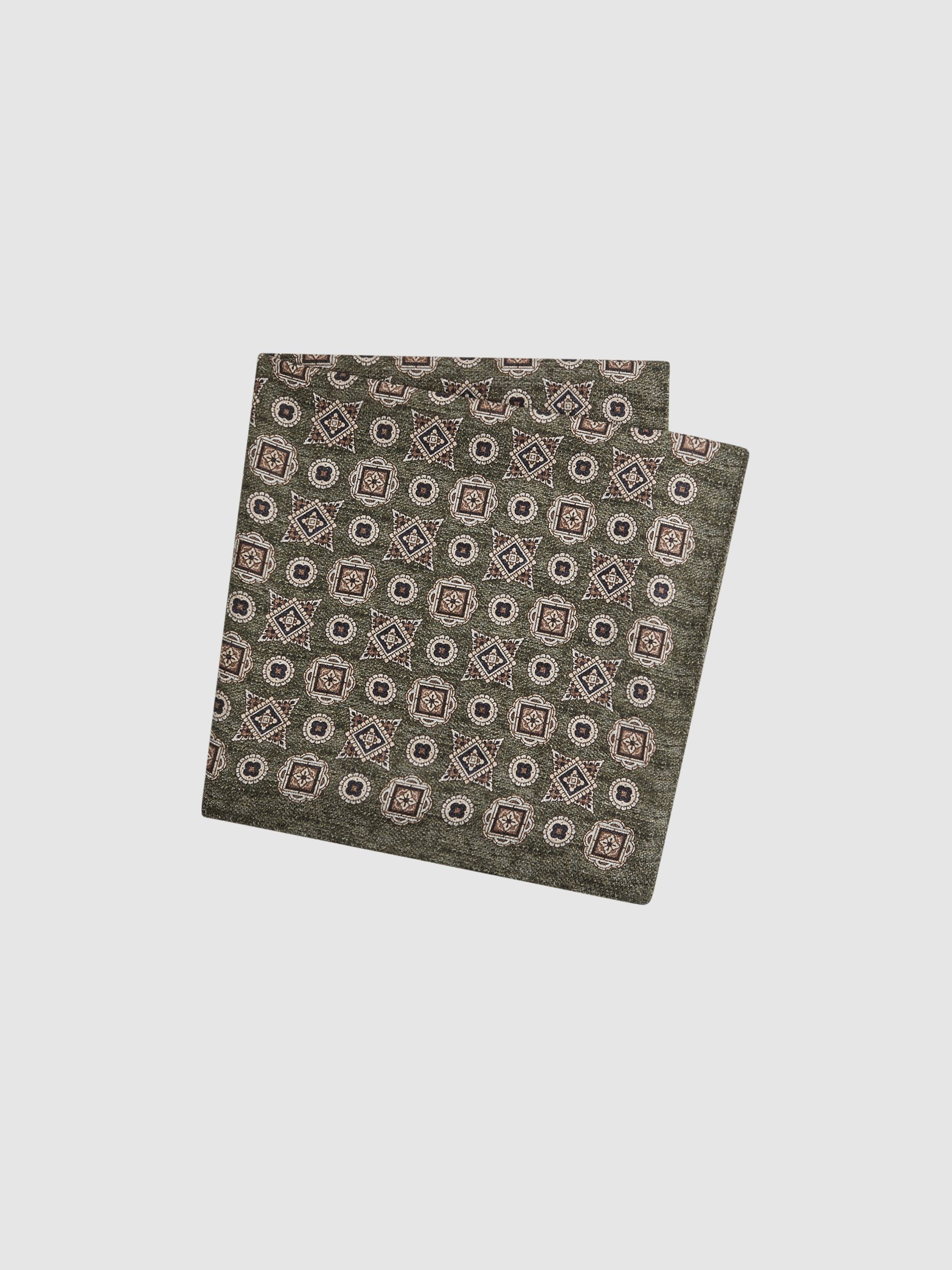 Silk Mixed Medallion Print Pocket Square in Olive Melange - Image 3 of 5