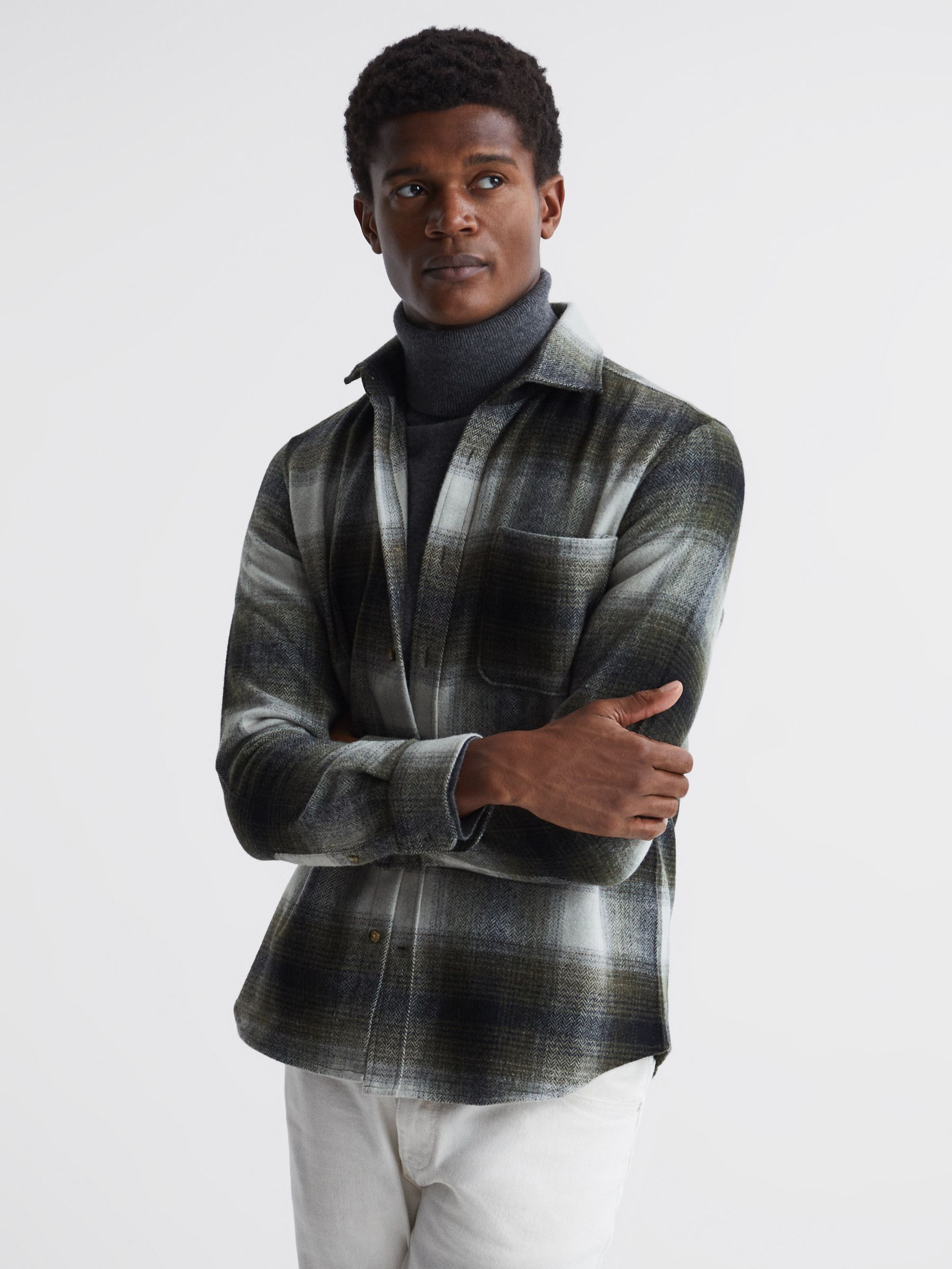 Long Sleeve Check Overshirt in Ecru/Green - Image 1 of 7