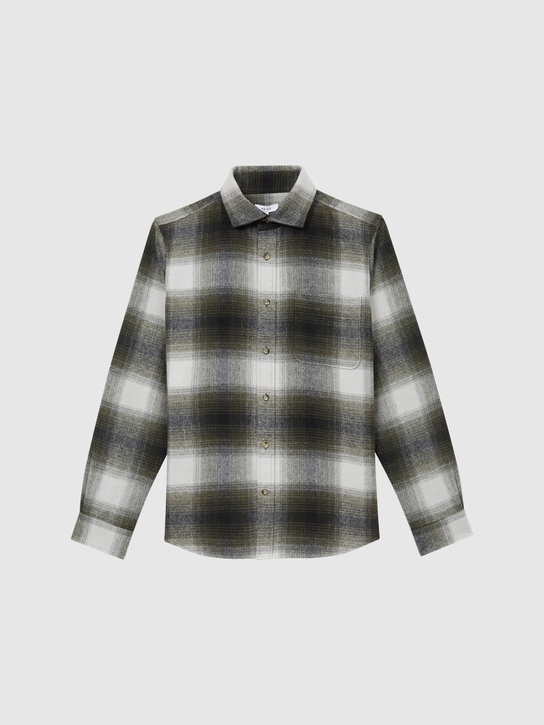 Long Sleeve Check Overshirt in Ecru/Green - Image 2 of 7