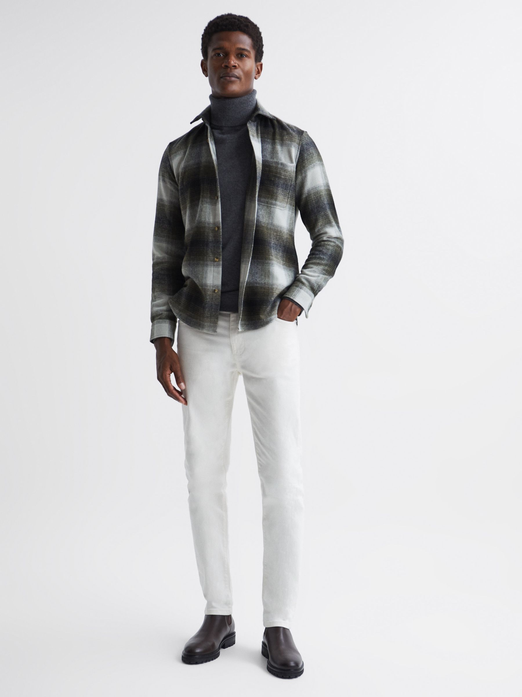 Long Sleeve Check Overshirt in Ecru/Green - Image 3 of 7