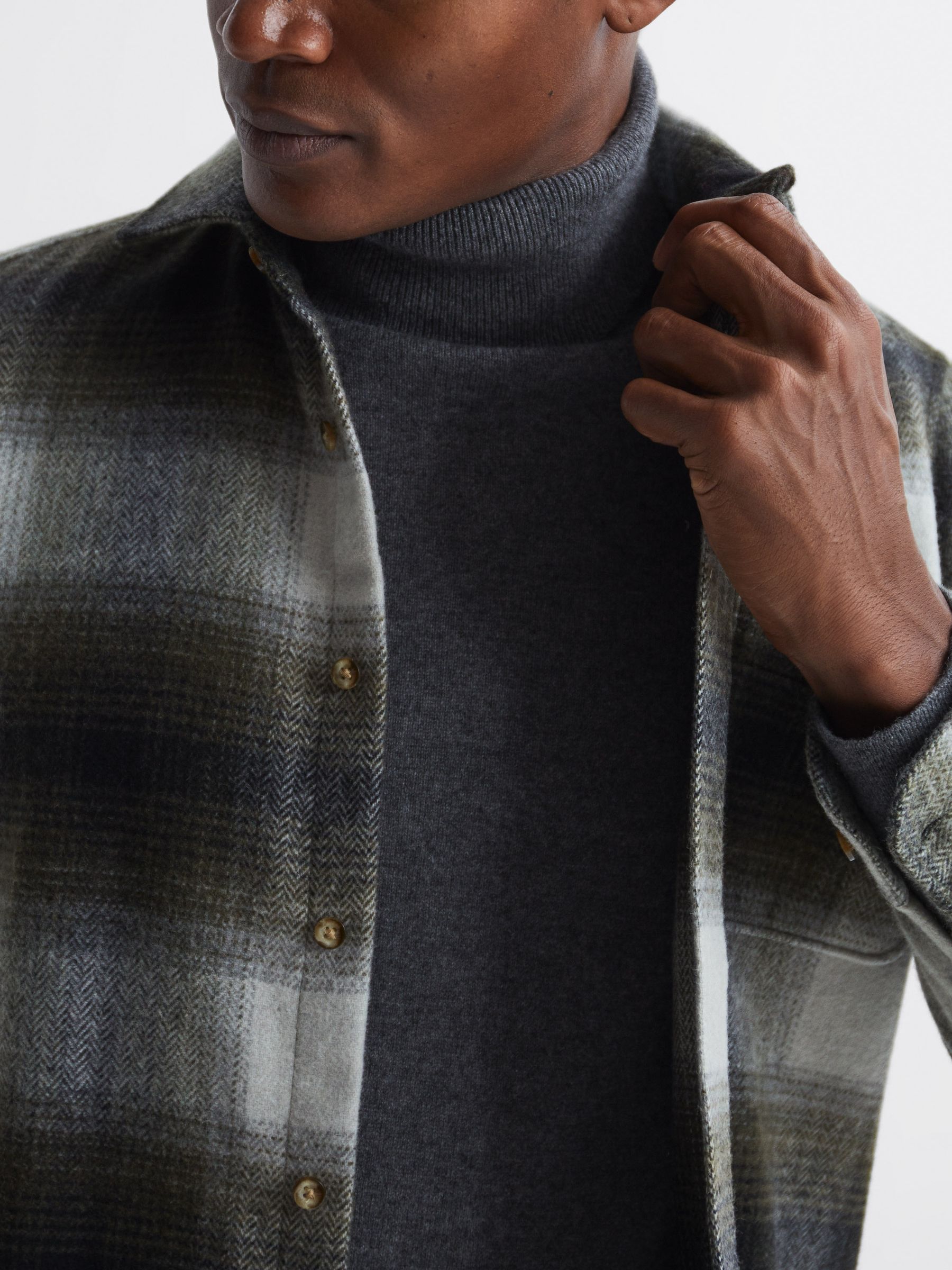 Long Sleeve Check Overshirt in Ecru/Green - Image 4 of 7