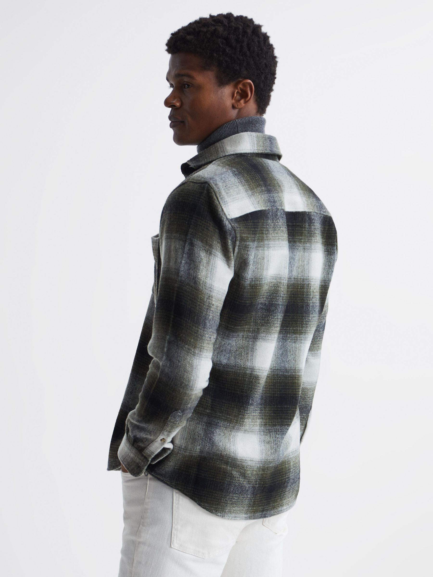 Long Sleeve Check Overshirt in Ecru/Green - Image 5 of 7