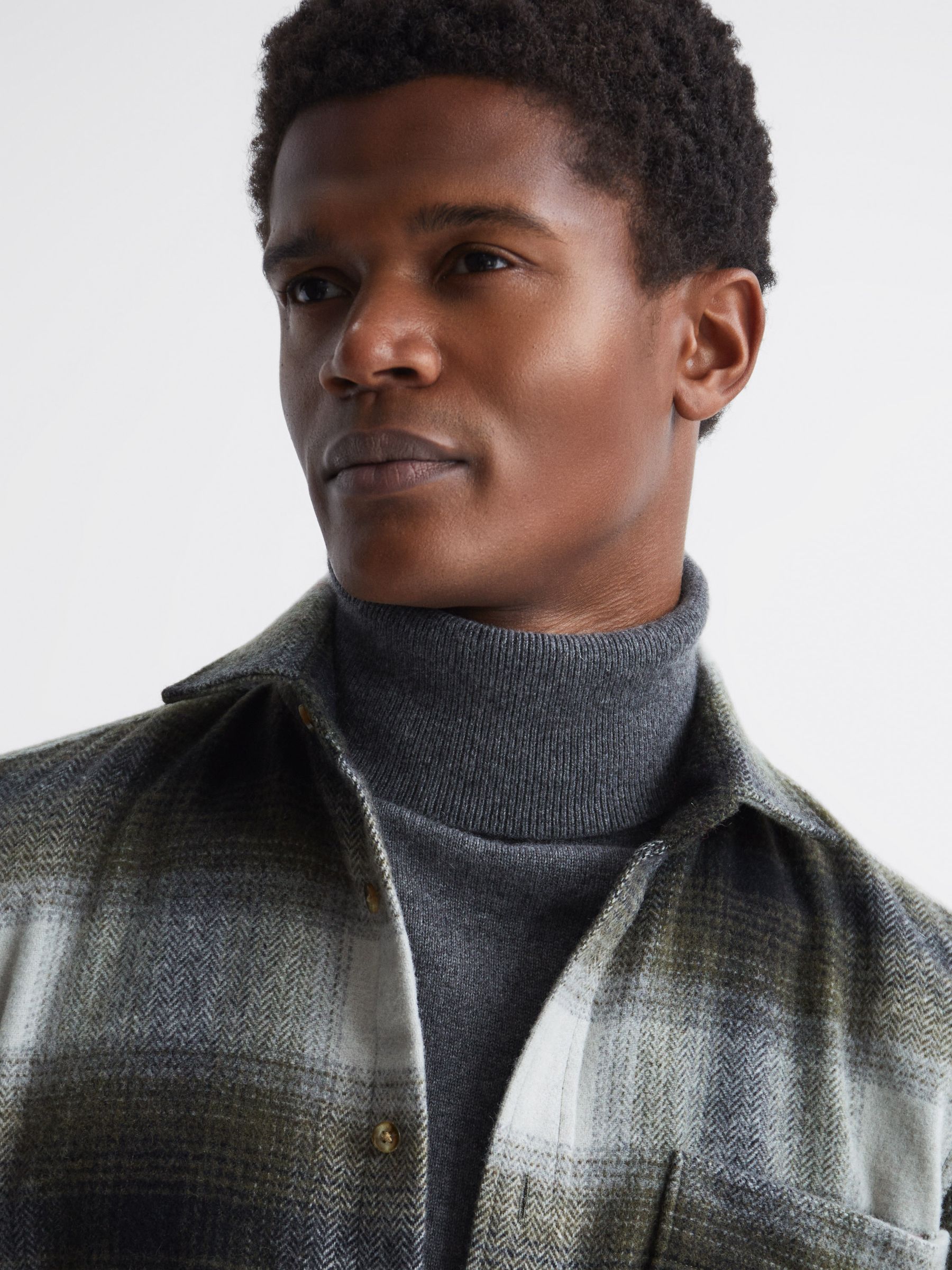 Long Sleeve Check Overshirt in Ecru/Green - Image 6 of 7
