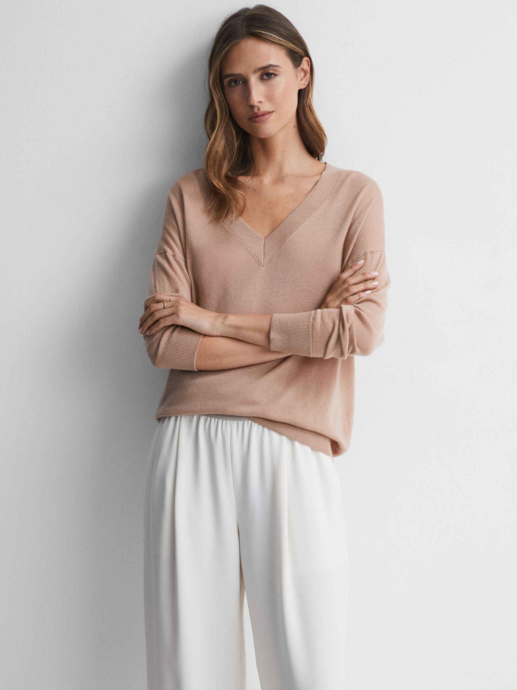 Merino Wool V-Neck Top in Camel - Image 1 of 5