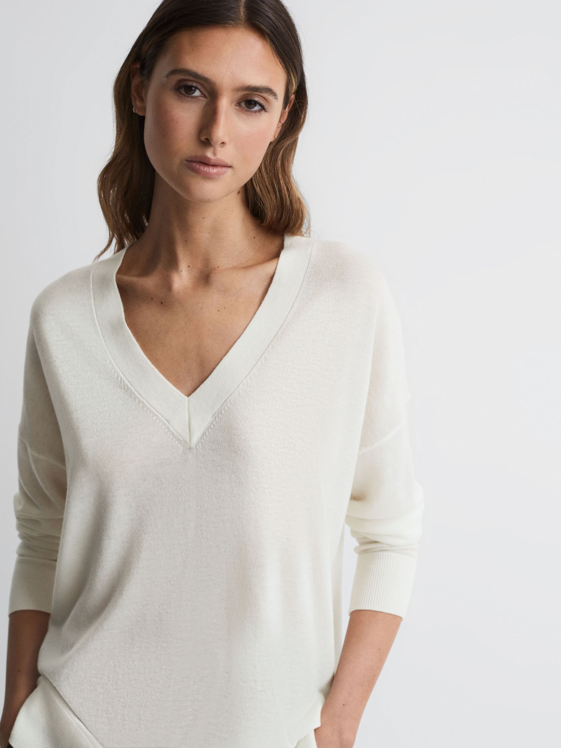 Merino Wool V-Neck Top in Ivory - Image 1 of 5