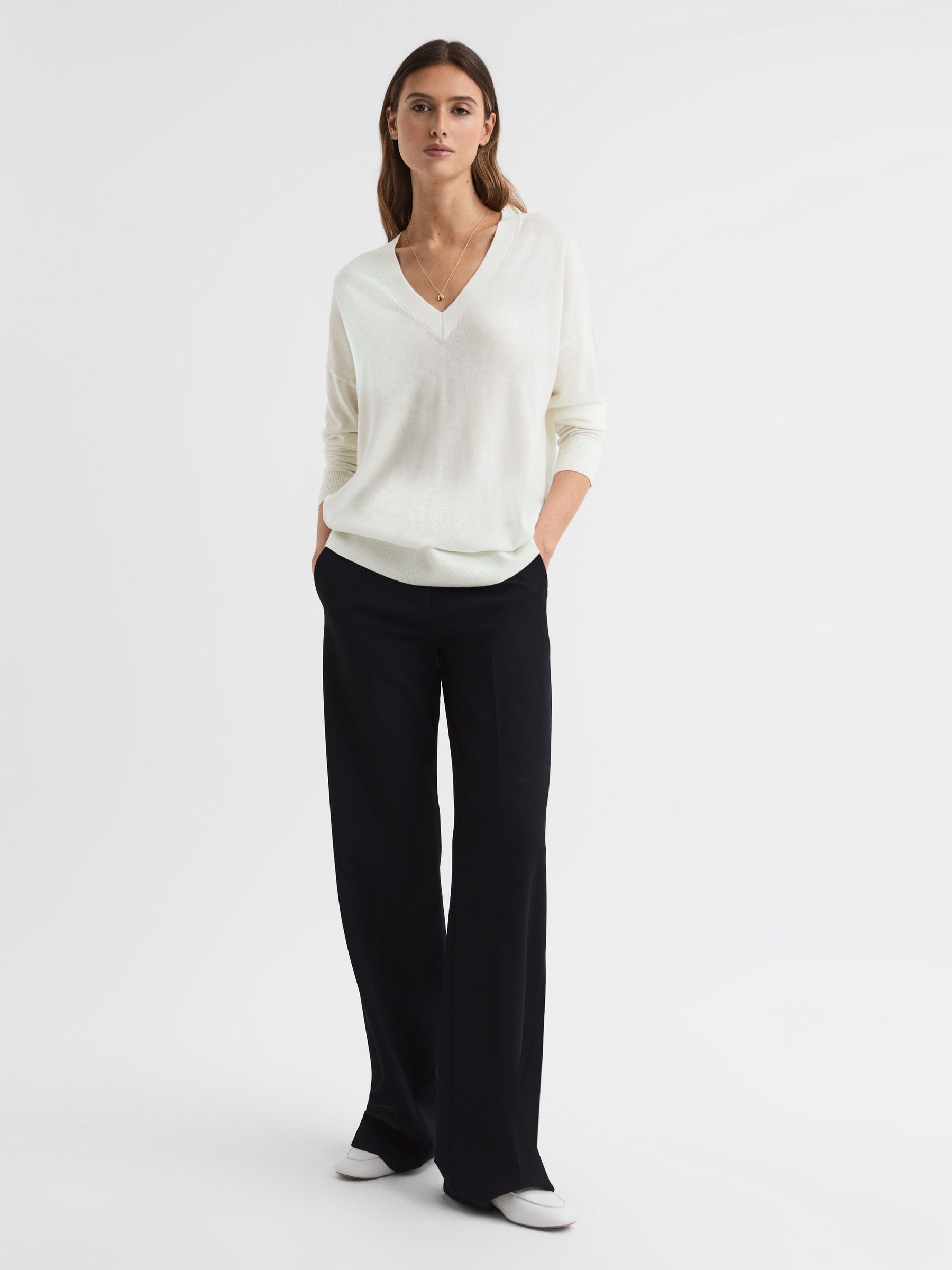 Merino Wool V-Neck Top in Ivory - Image 3 of 5