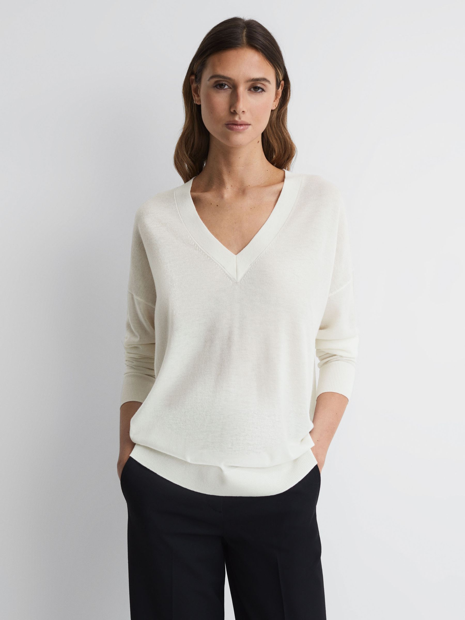 Merino Wool V-Neck Top in Ivory - Image 4 of 5