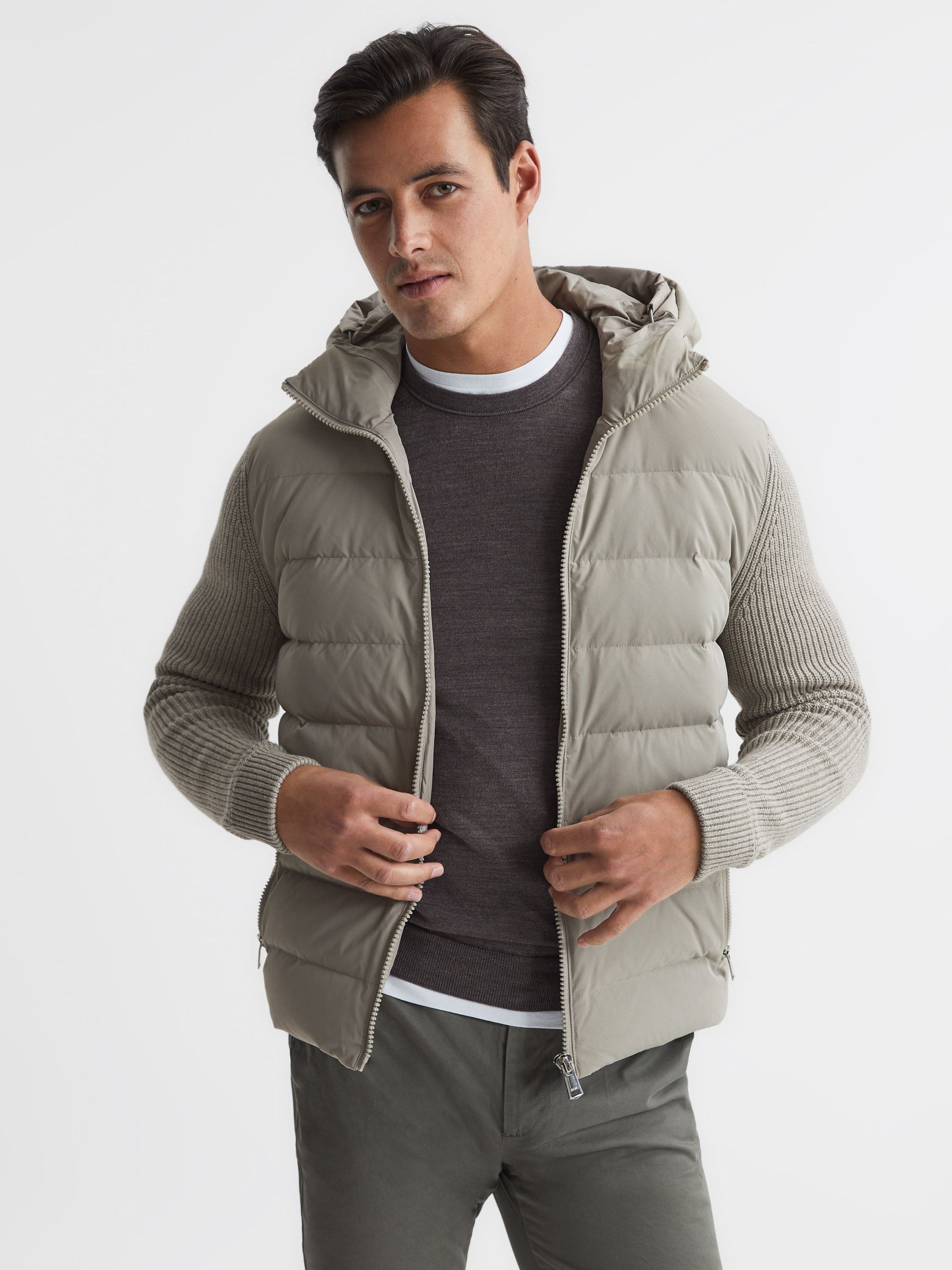 Zip Close Hybrid Knitted Jacket in Soft Grey - Image 1 of 7 Zip Close Hybrid Knitted Jacket in Soft Grey - Image 1 of 7