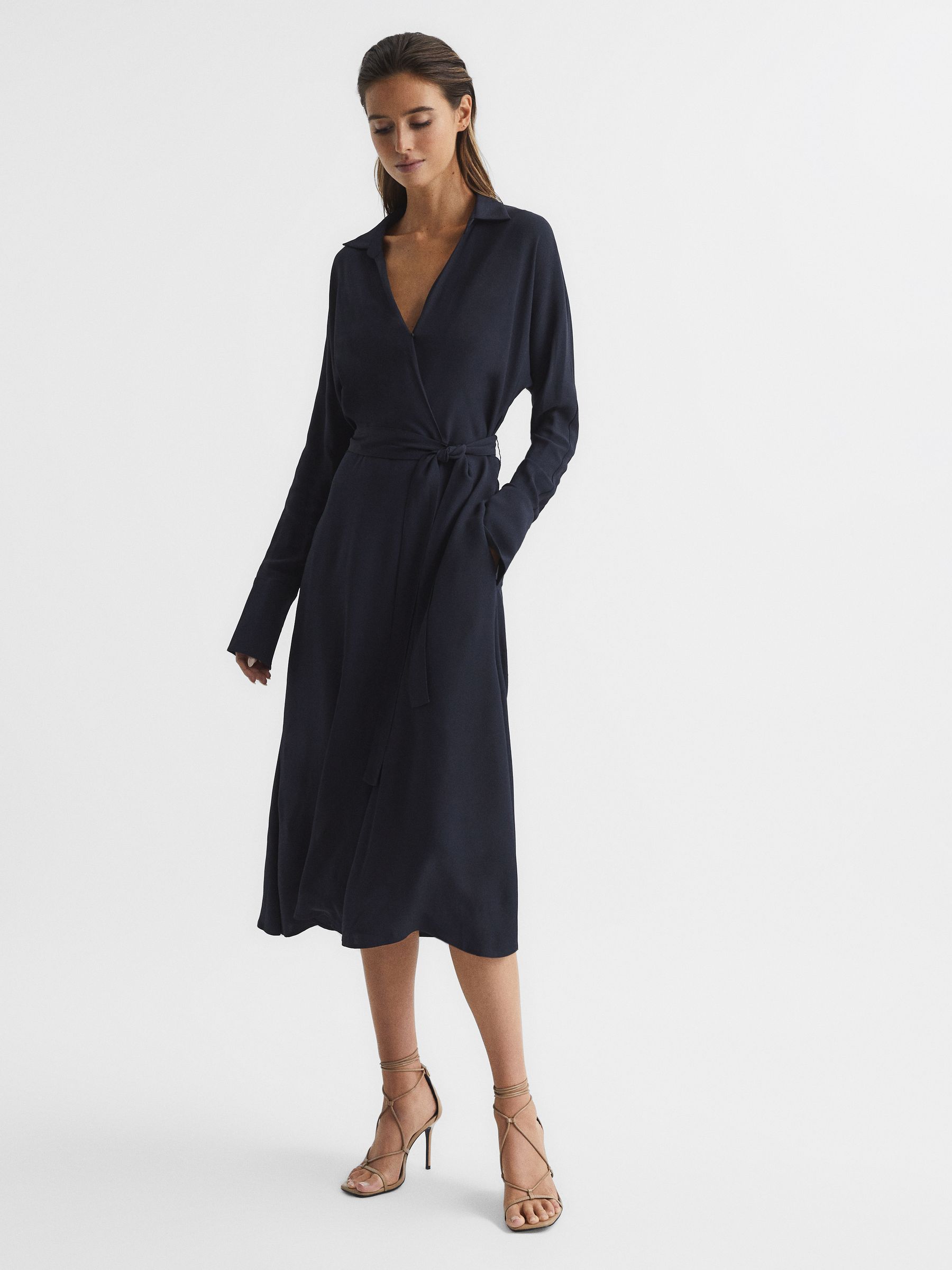 Wrap Shirt Midi Dress in Navy - Image 1 of 7