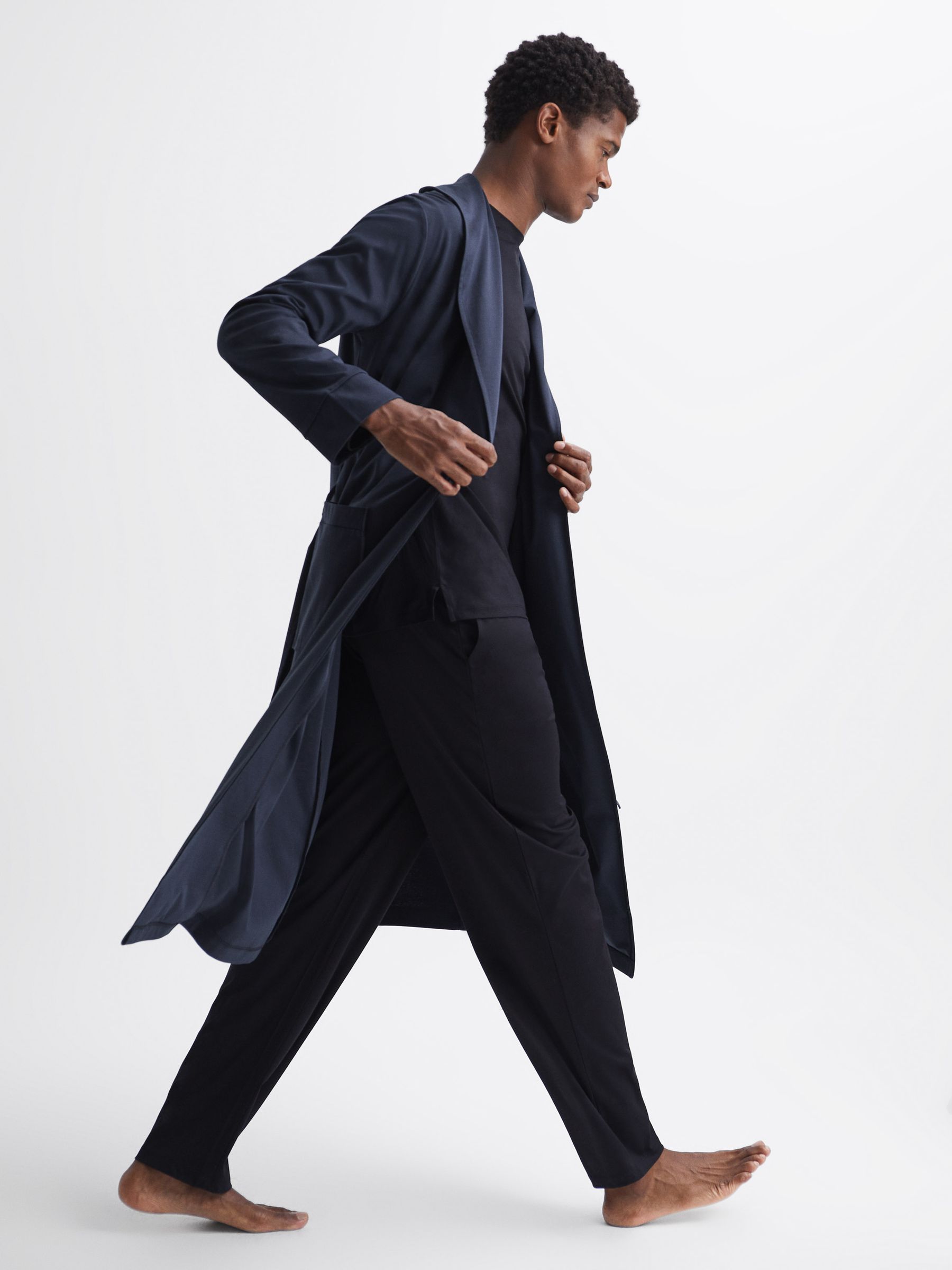 Long Sleeve Mercerised Dressing Gown in Navy - Image 3 of 6