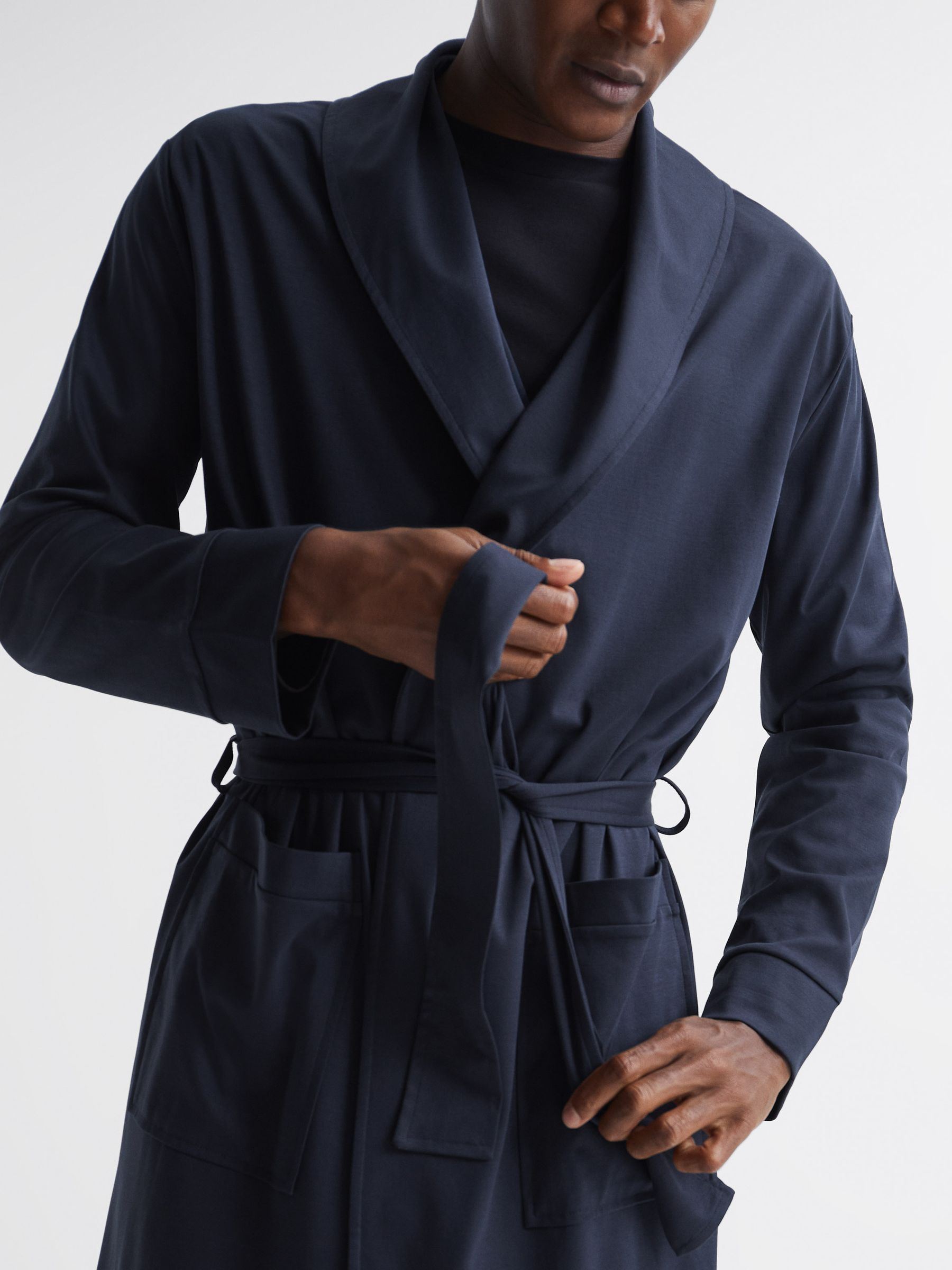 Long Sleeve Mercerised Dressing Gown in Navy - Image 4 of 6
