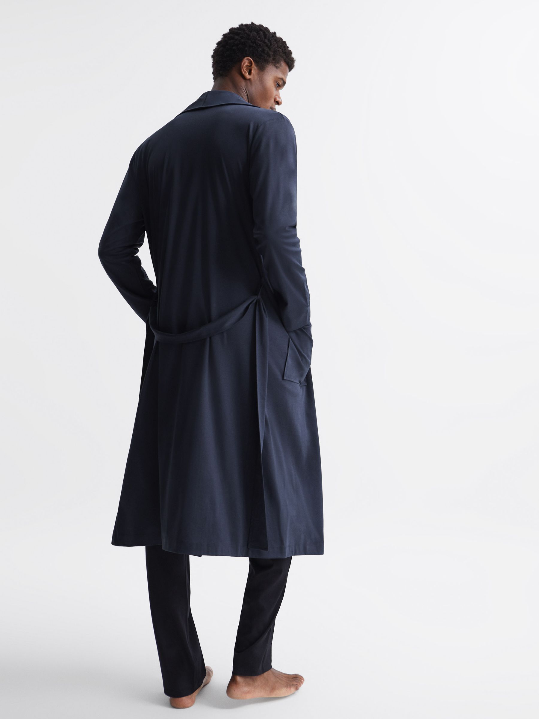 Long Sleeve Mercerised Dressing Gown in Navy - Image 5 of 6