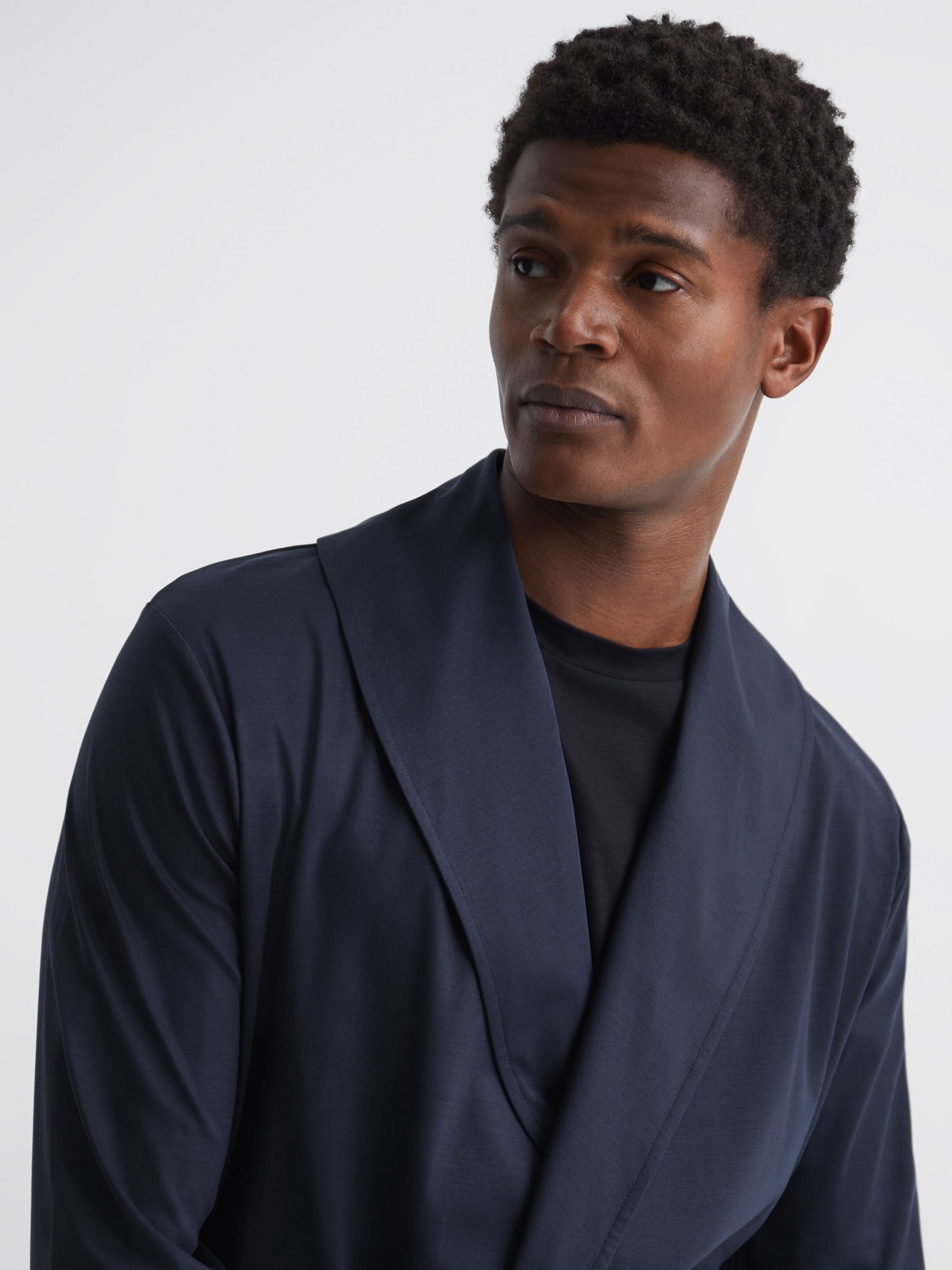 Long Sleeve Mercerised Dressing Gown in Navy - Image 6 of 6