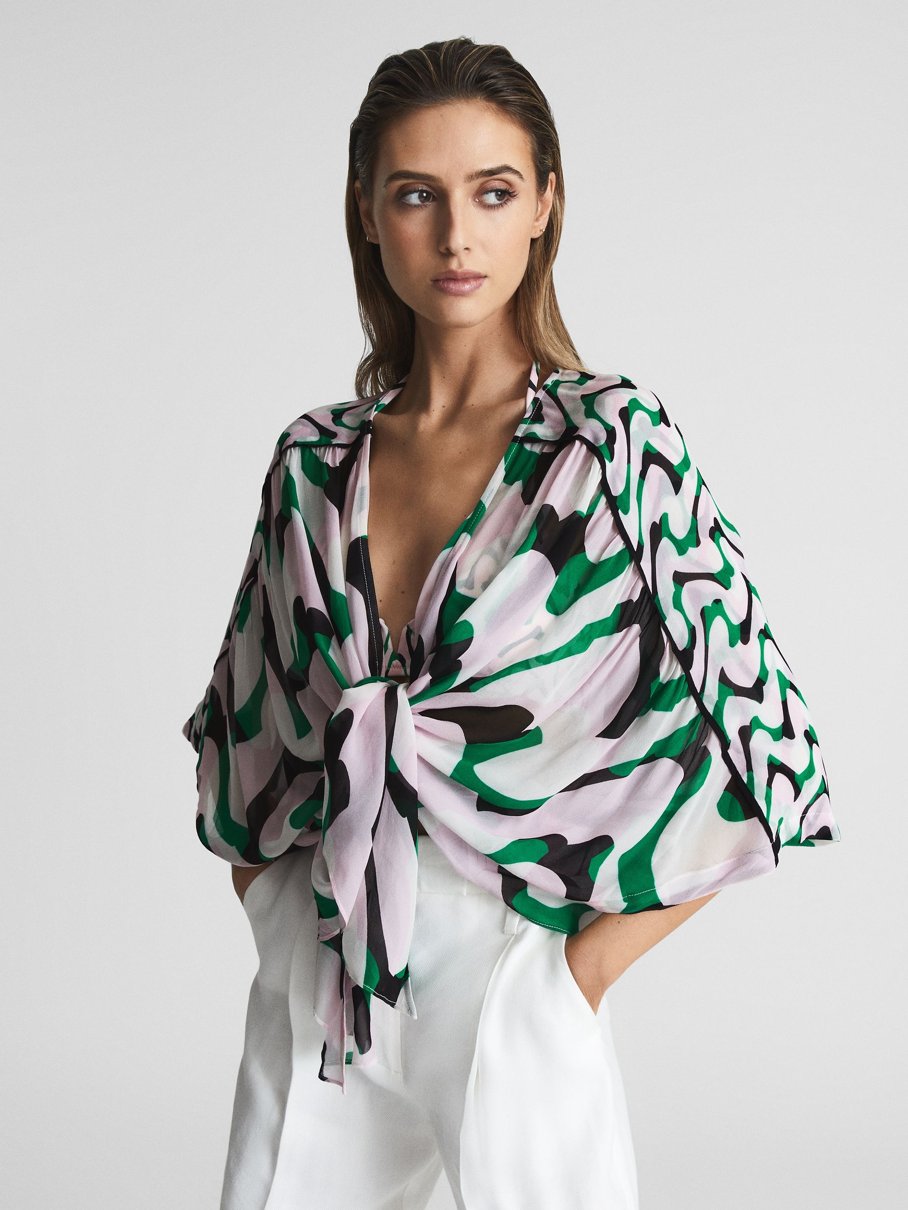 Printed Resort Shawl Top in Pink/Green - Image 1 of 5 Printed Resort Shawl Top in Pink/Green - Image 1 of 5