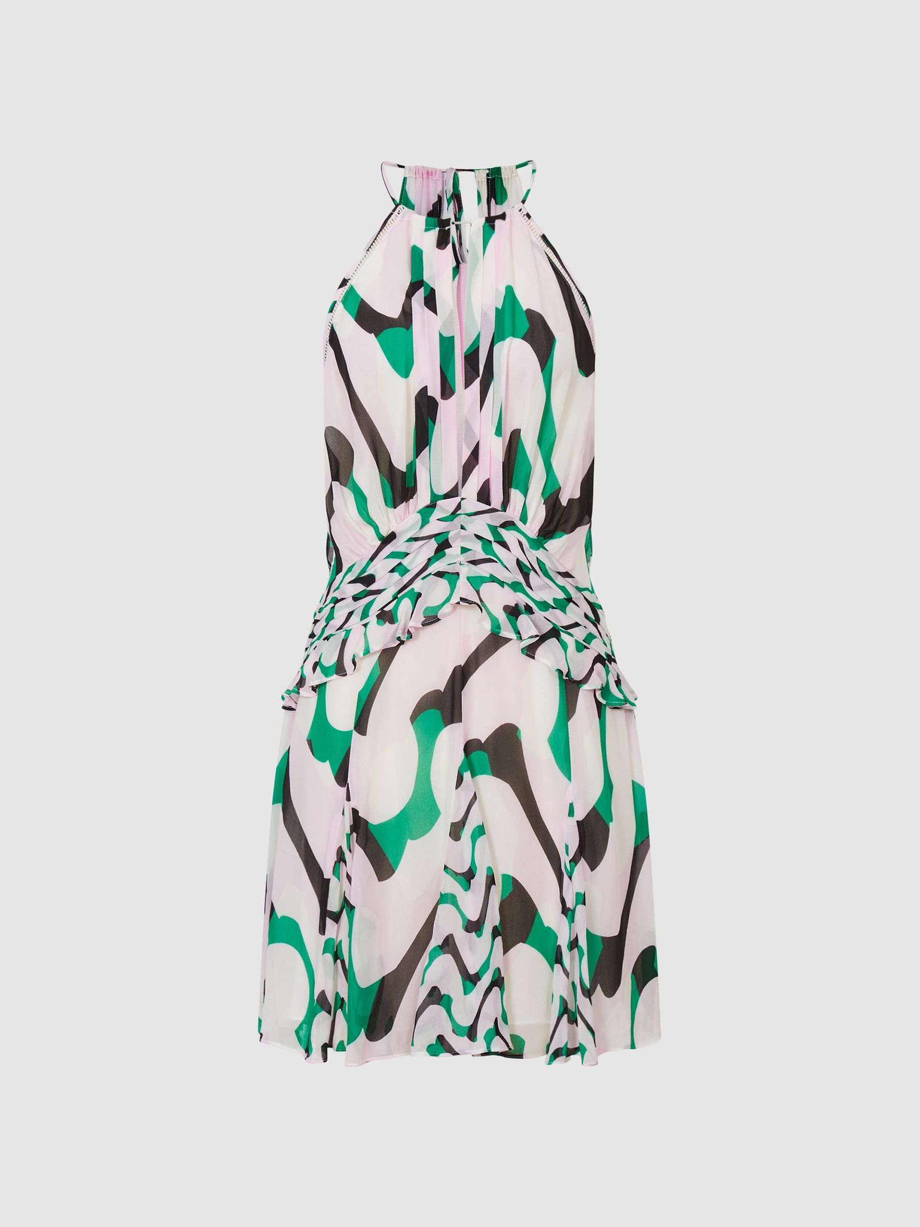 Printed Halter Mini Dress in Green/Pink - Image 2 of 5