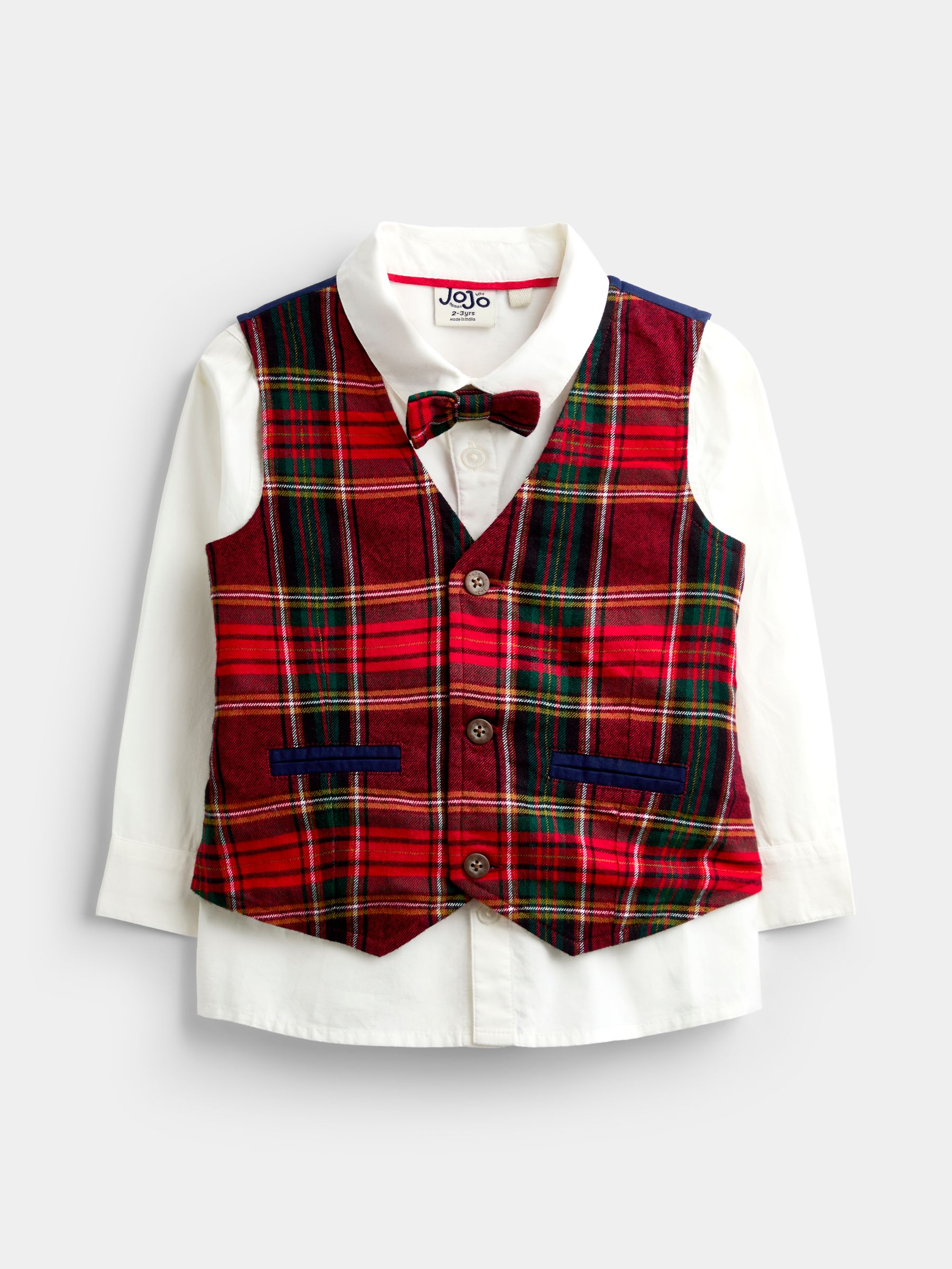 Dark Red Tartan 3-Piece Bow Tie Waistcoat & Shirt Set - Image 1 of 7 Dark Red Tartan 3-Piece Bow Tie Waistcoat & Shirt Set - Image 1 of 7