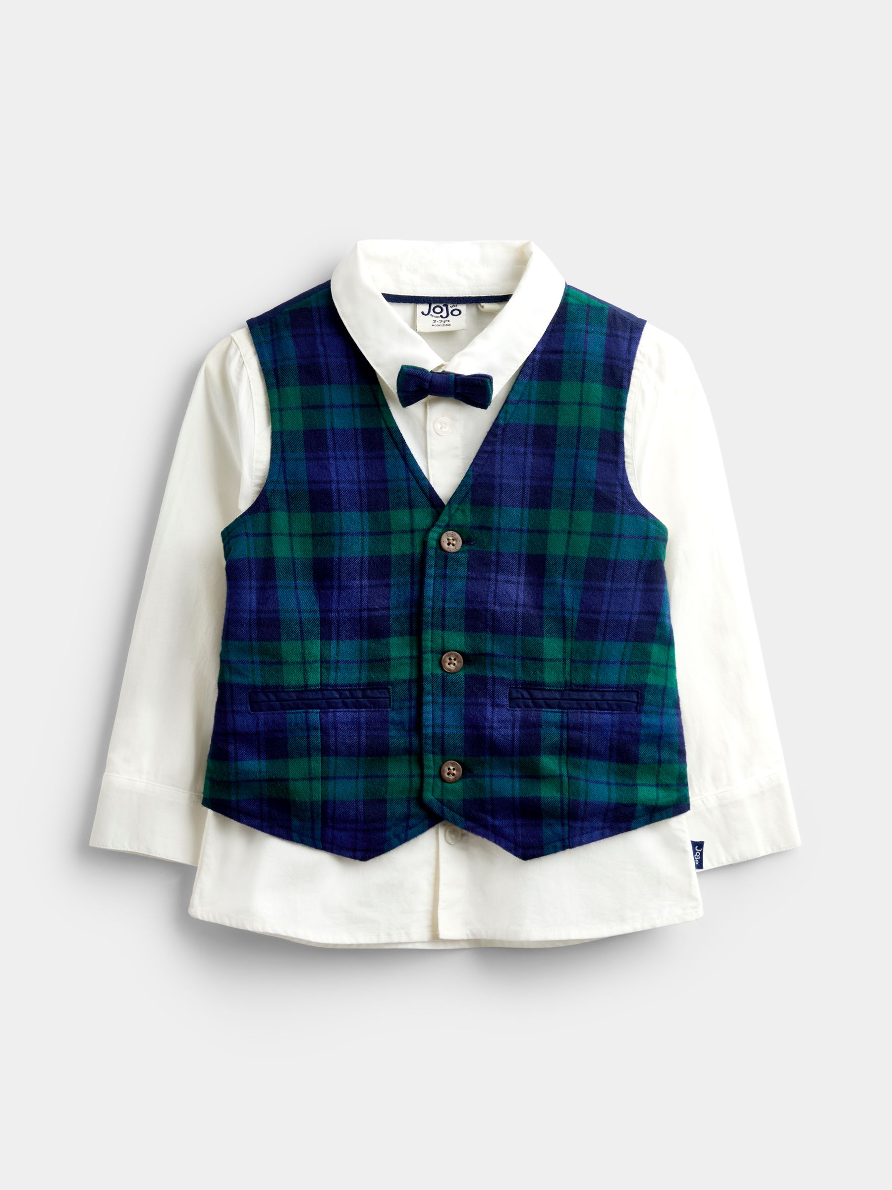 Navy Blue Tartan 3-Piece Bow Tie Waistcoat & Shirt Set - Image 1 of 6