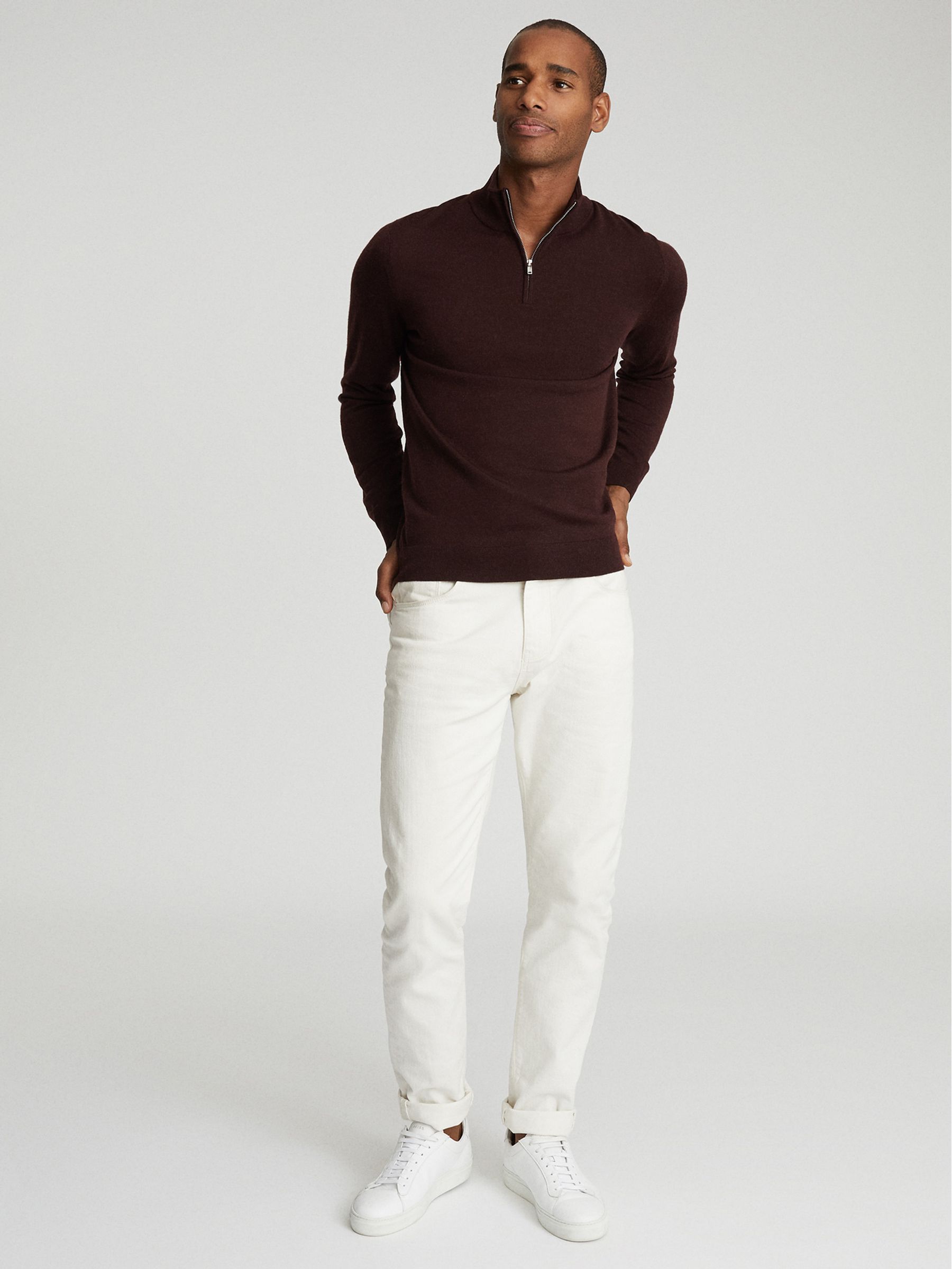 Merino Wool Half-Zip Funnel Neck Jumper in Bordeaux - Image 1 of 1