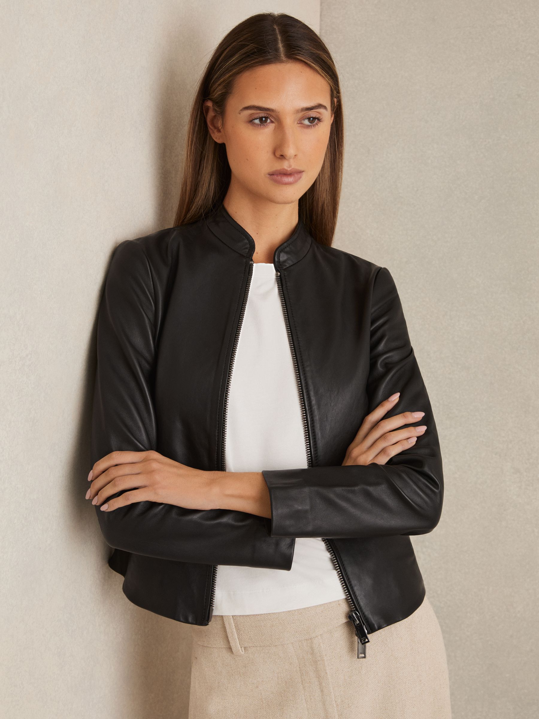 Leather Collarless Biker Jacket in Black - Image 4 of 7