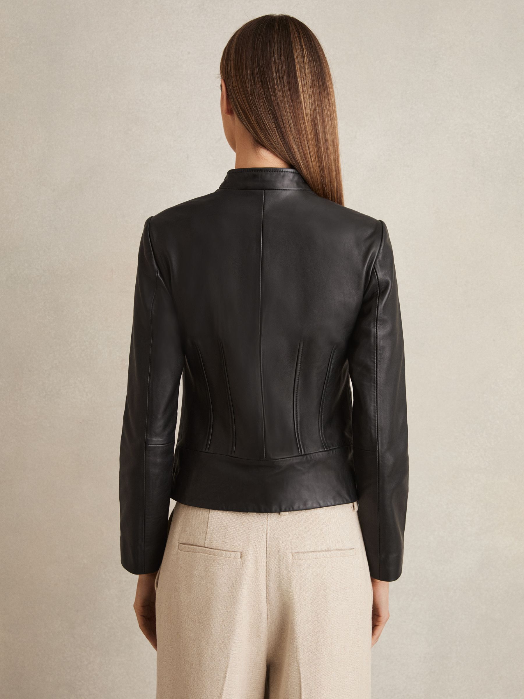 Leather Collarless Biker Jacket in Black - Image 6 of 7