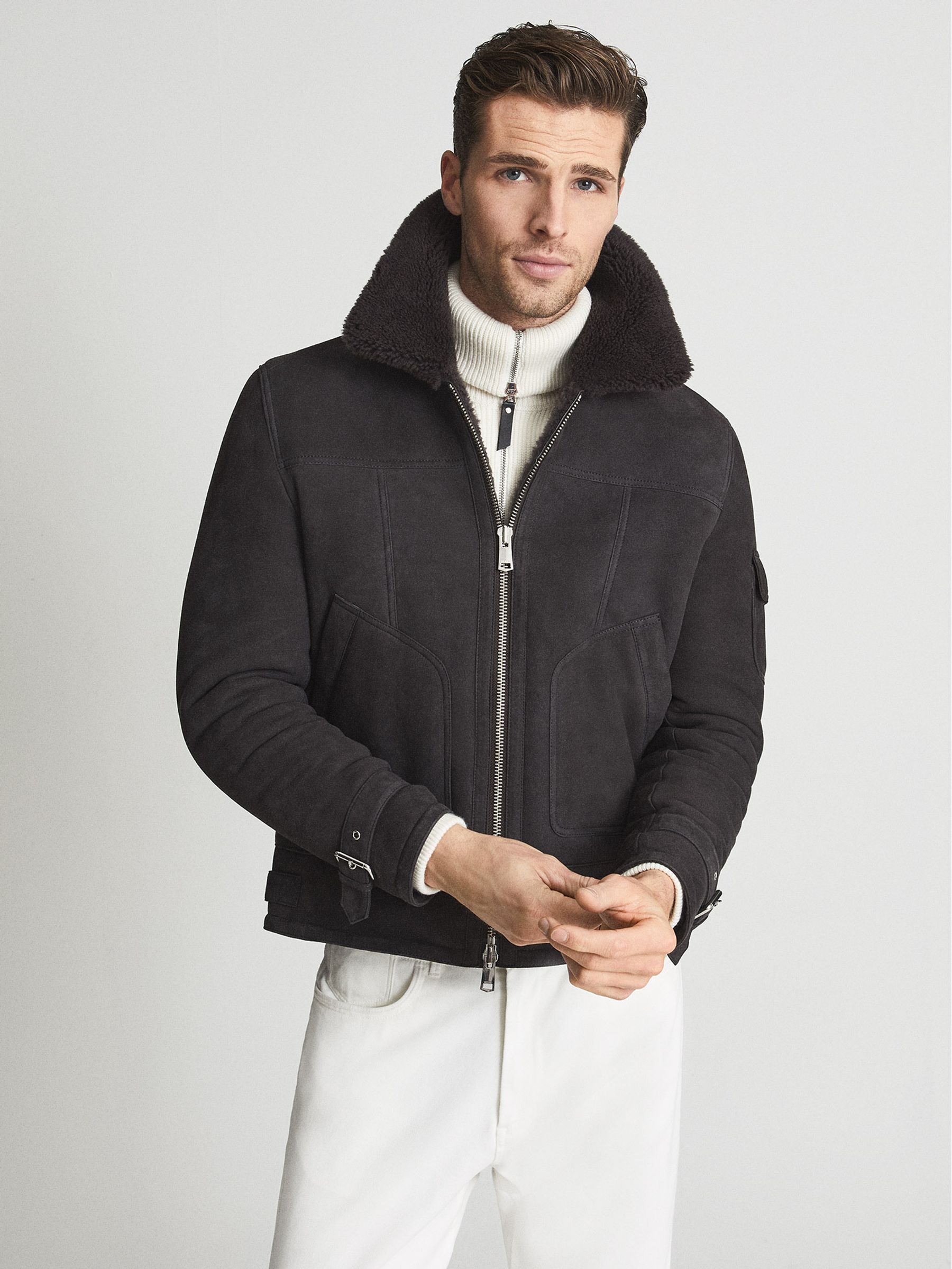 Suede Shearling Jacket in Grey - Image 3 of 7