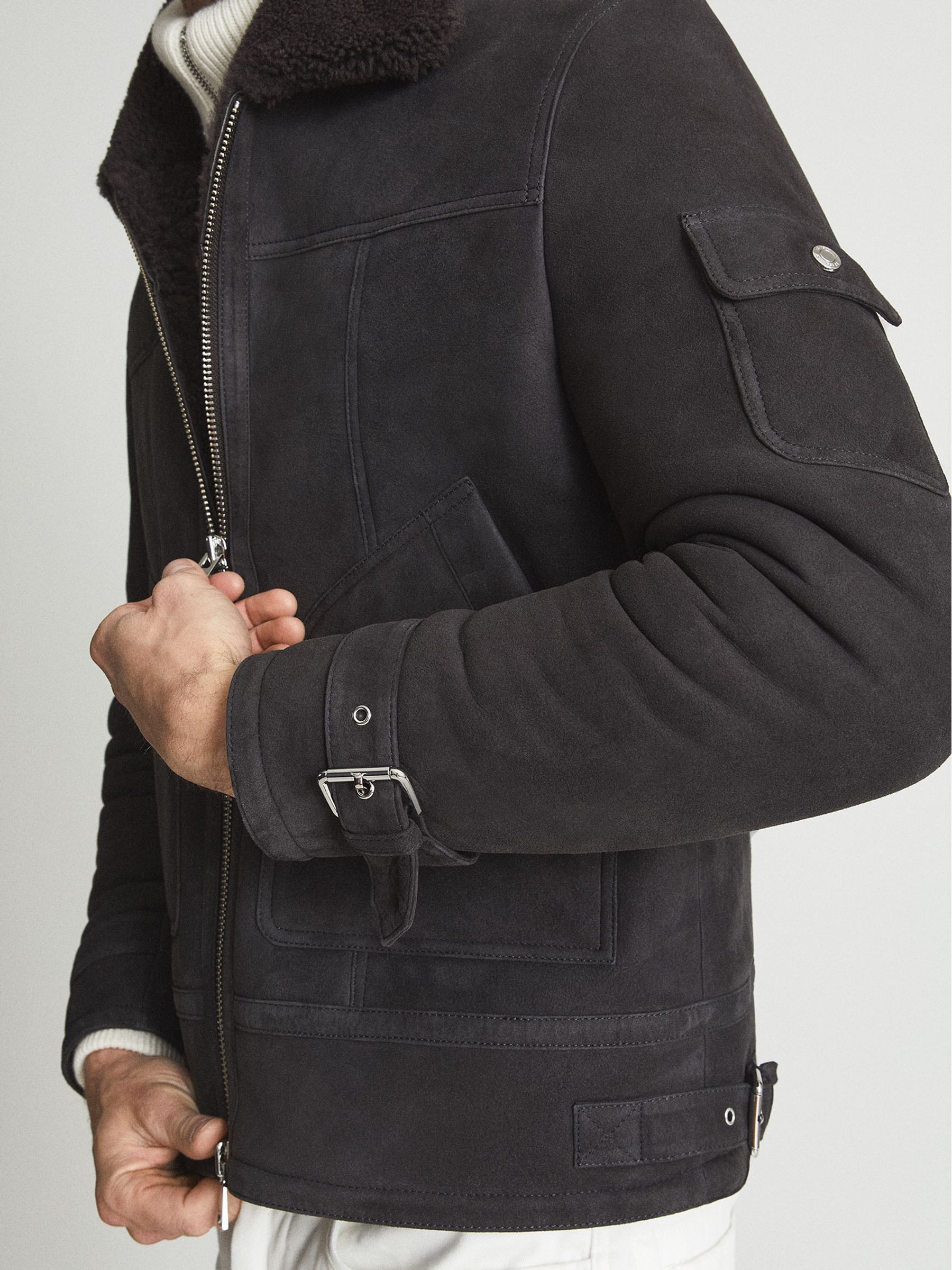 Suede Shearling Jacket in Grey - Image 4 of 7