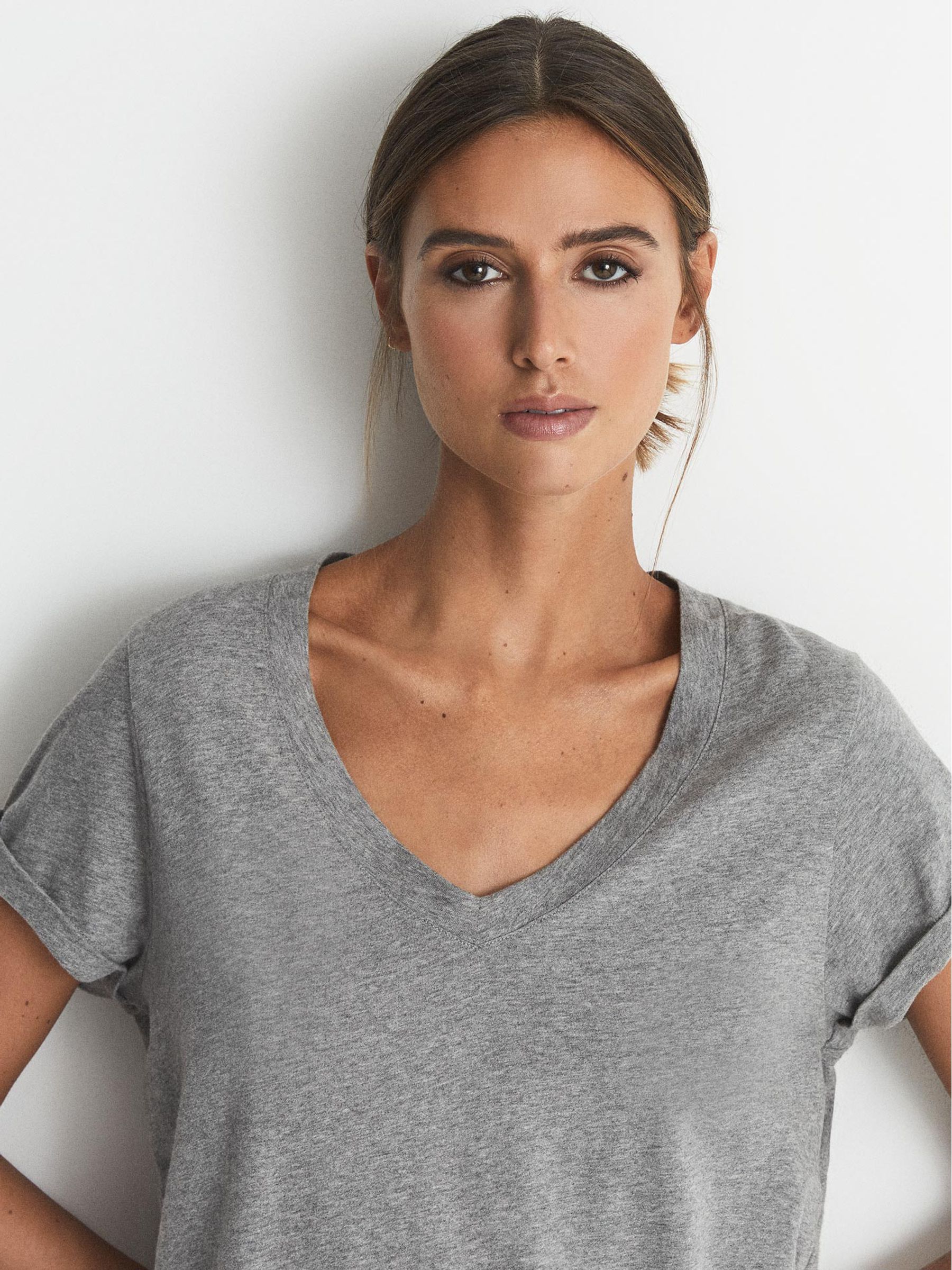 Cotton-jersey V-neck T-shirt in Grey Marl - Image 1 of 5 Cotton-jersey V-neck T-shirt in Grey Marl - Image 1 of 5