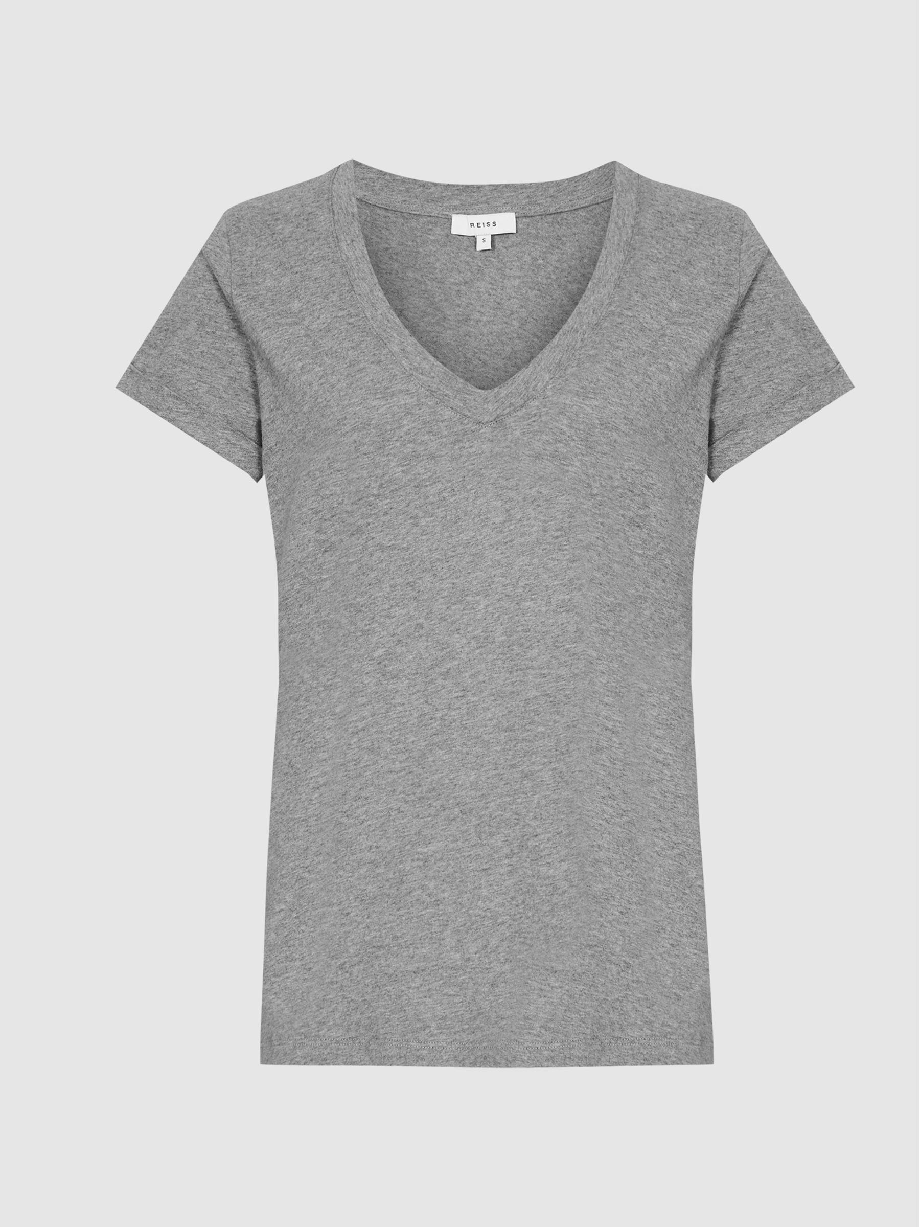 Cotton-jersey V-neck T-shirt in Grey Marl - Image 2 of 5 Cotton-jersey V-neck T-shirt in Grey Marl - Image 2 of 5