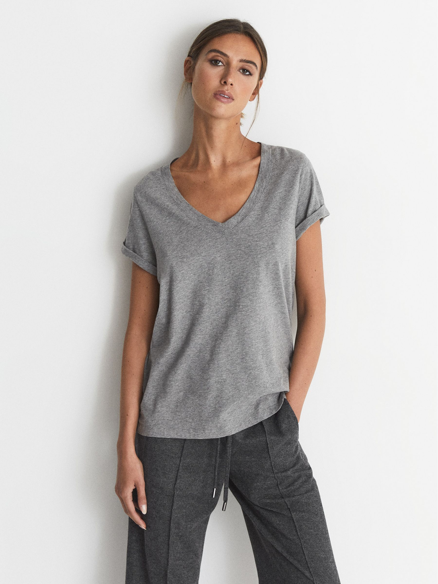 Cotton-jersey V-neck T-shirt in Grey Marl - Image 3 of 5