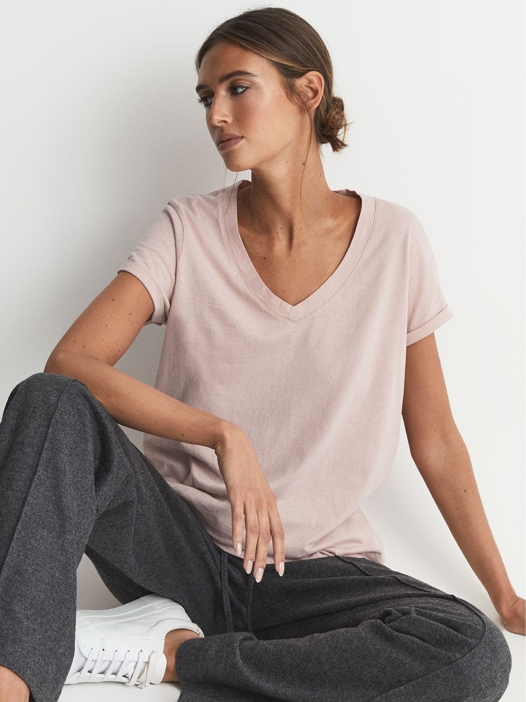 Cotton-jersey V-neck T-shirt in Pink - Image 1 of 6 Cotton-jersey V-neck T-shirt in Pink - Image 1 of 6