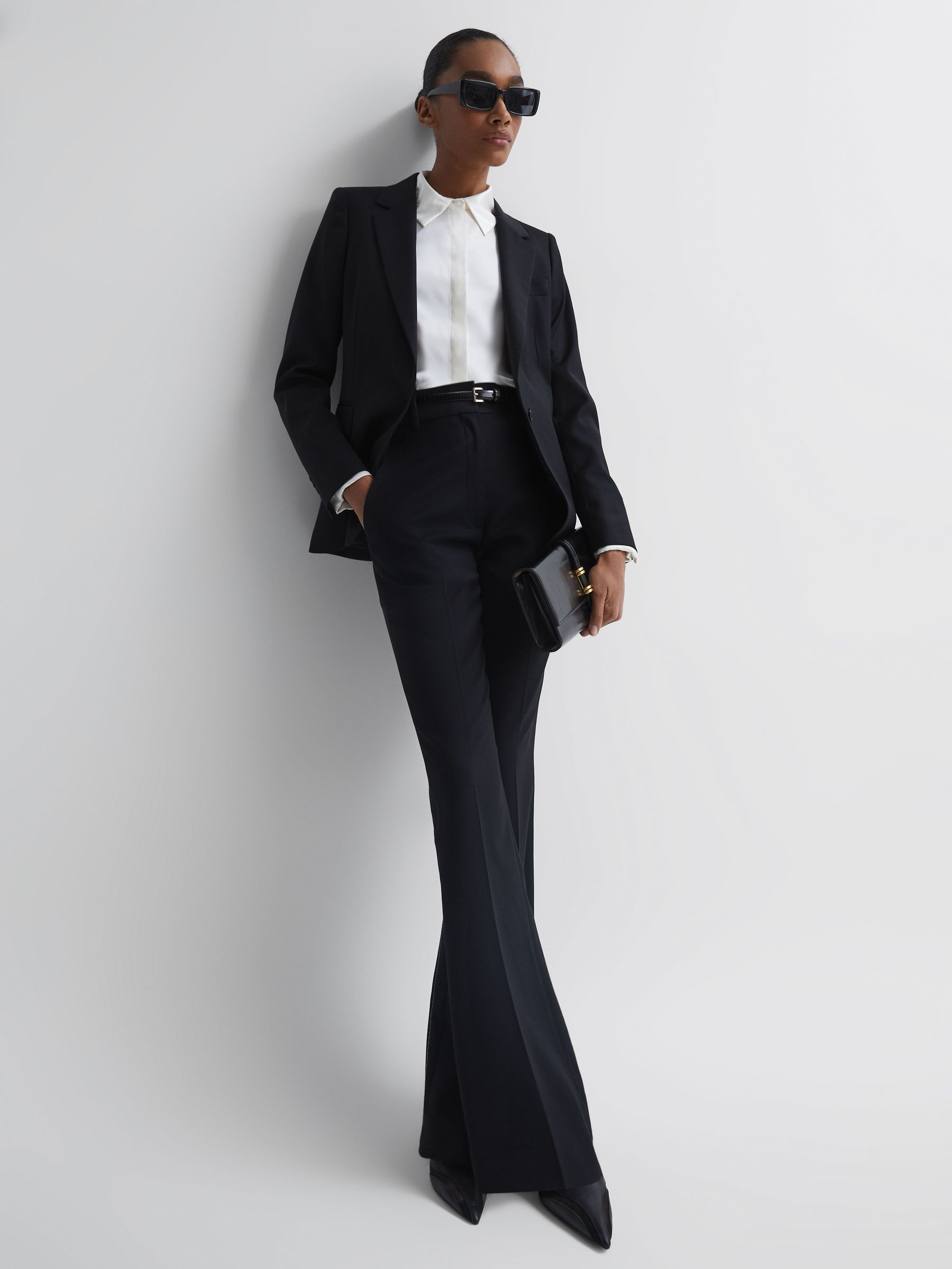 Petite Wool-Blend Tailored Flared Suit Trousers in Black - Image 1 of 6