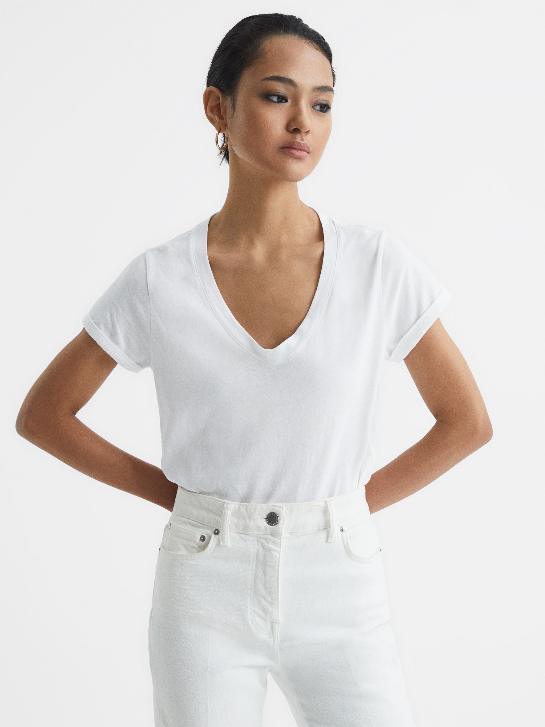 Cotton V-Neck T-Shirt in White - Image 1 of 5