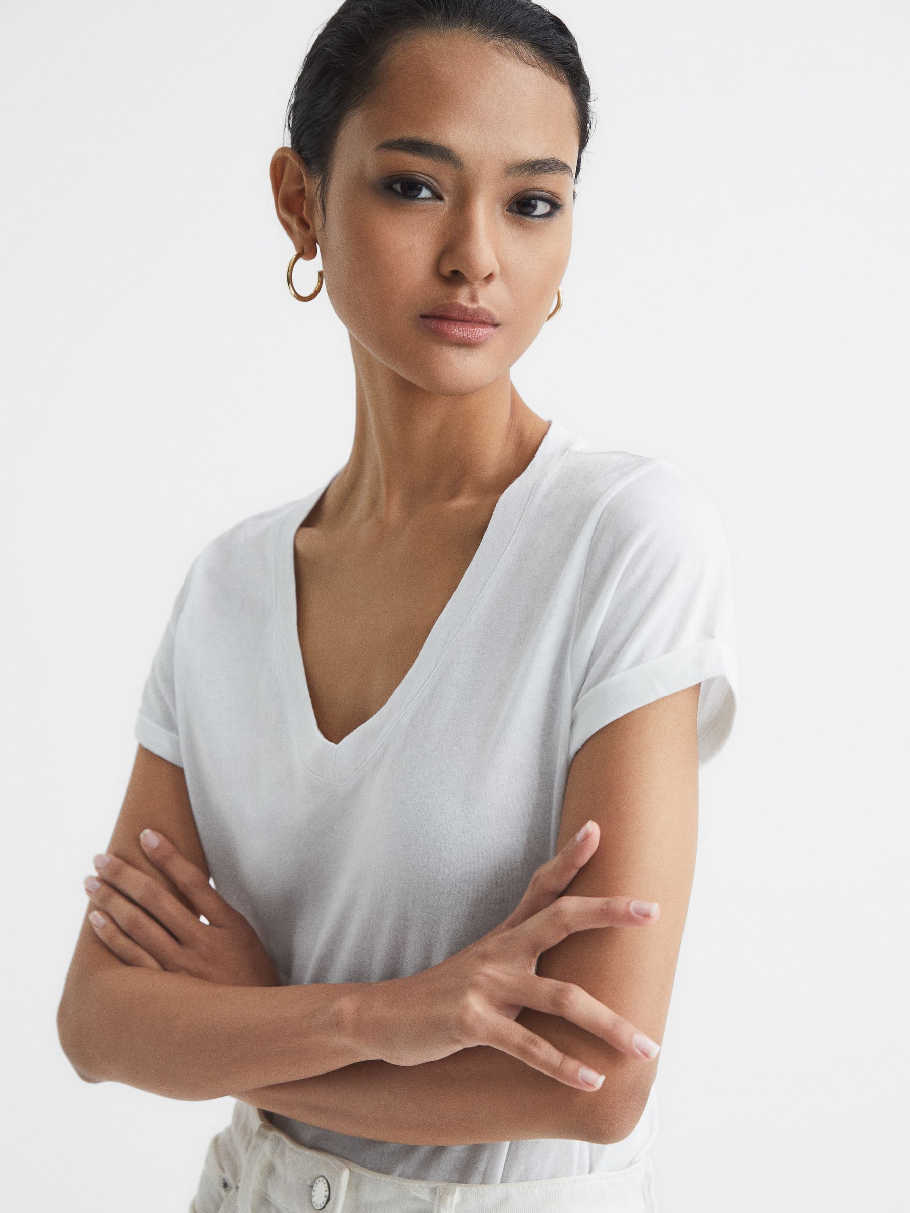 Cotton V-Neck T-Shirt in White - Image 4 of 5