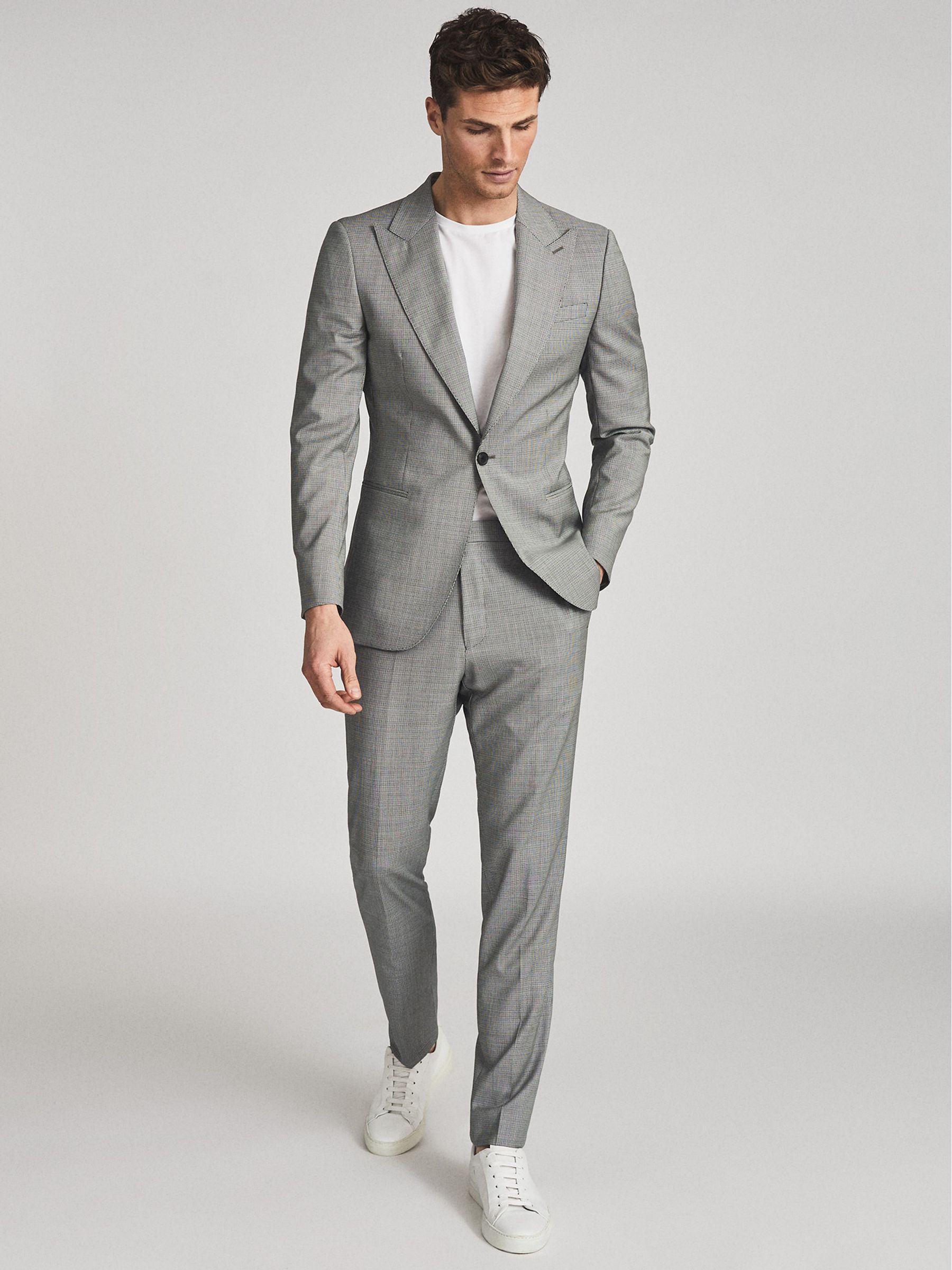 Wave Soft Grey Wool Puppytooth Check Slim Fit Blazer - Image 1 of 7