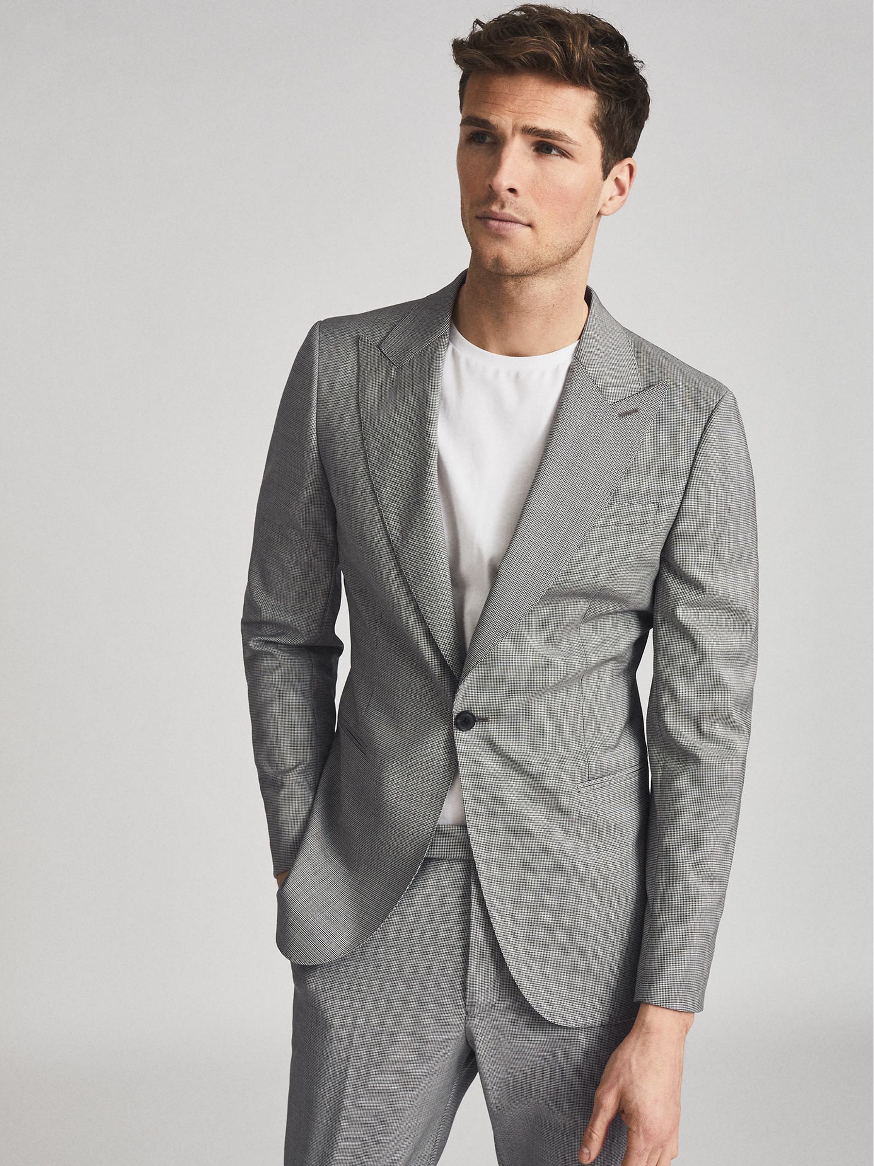 Wave Soft Grey Wool Puppytooth Check Slim Fit Blazer - Image 4 of 7