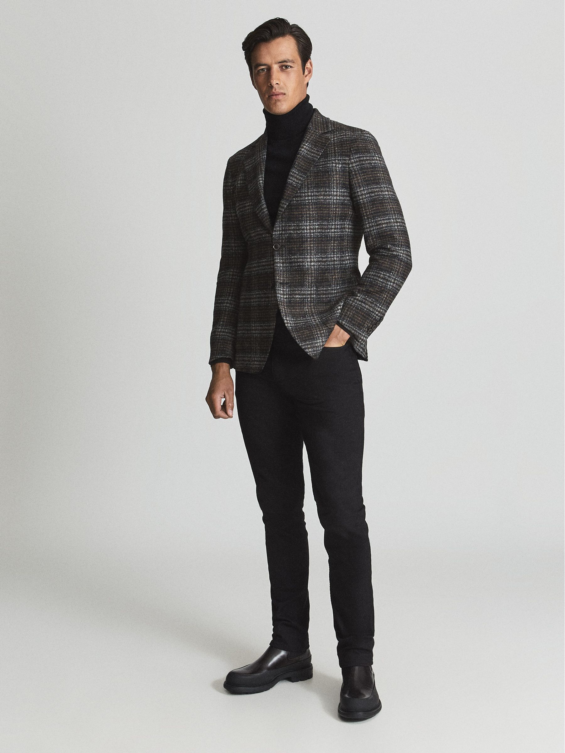 Wool Blend Checked Slim Fit Blazer in Charcoal Grey - Image 1 of 6