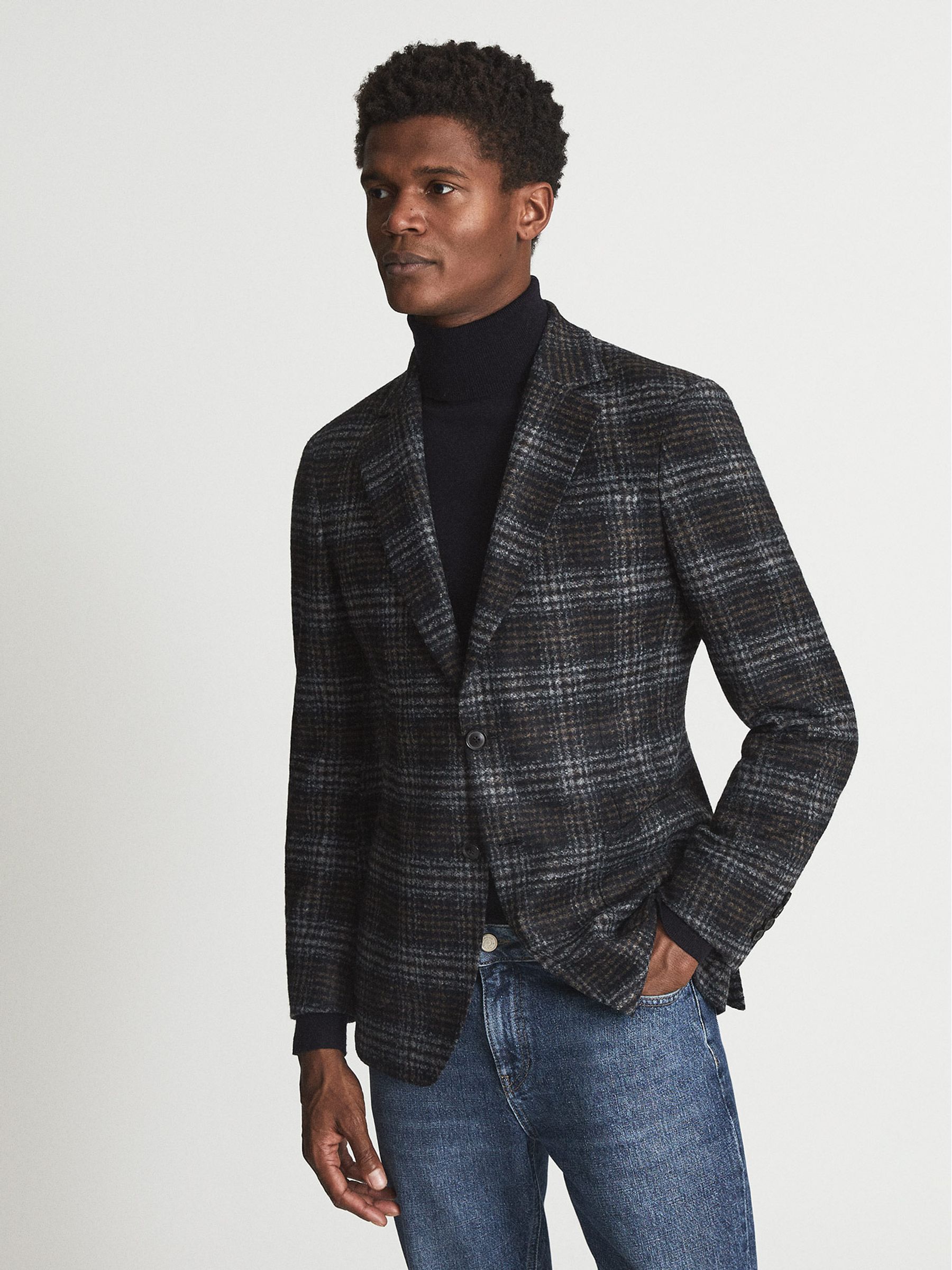 Wool Blend Checked Slim Fit Blazer in Charcoal Grey - Image 3 of 6