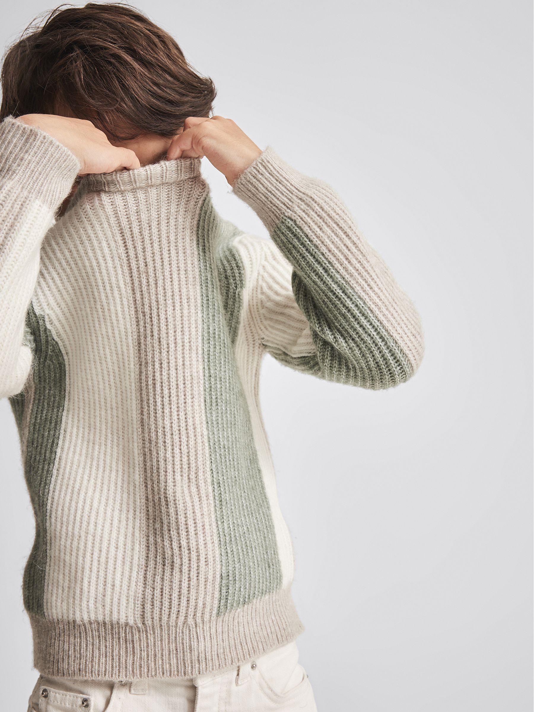 Colour Block Rib Knit Jumper in Sage - Image 3 of 6