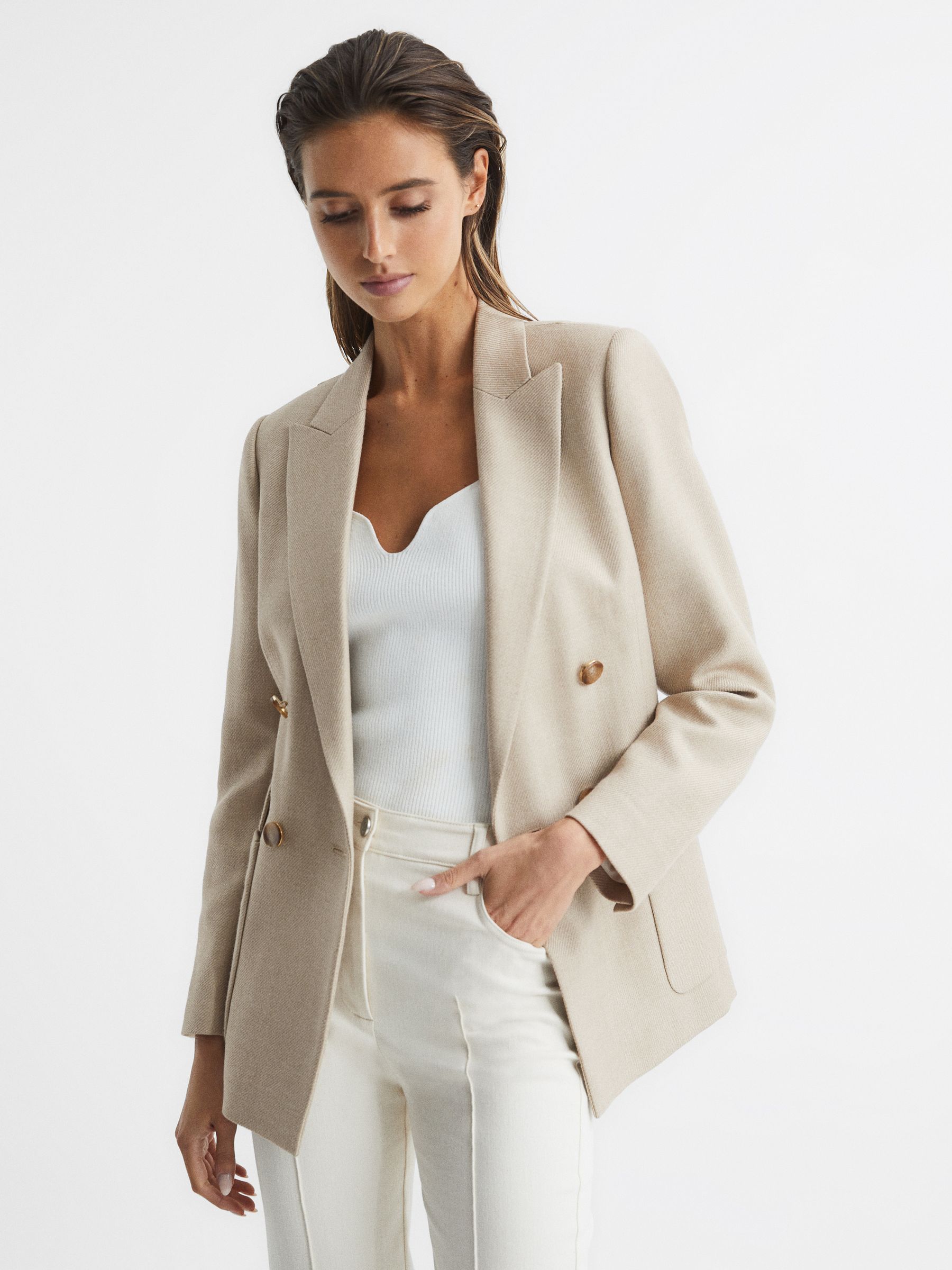 Double Breasted Twill Blazer in Neutral - Image 1 of 7