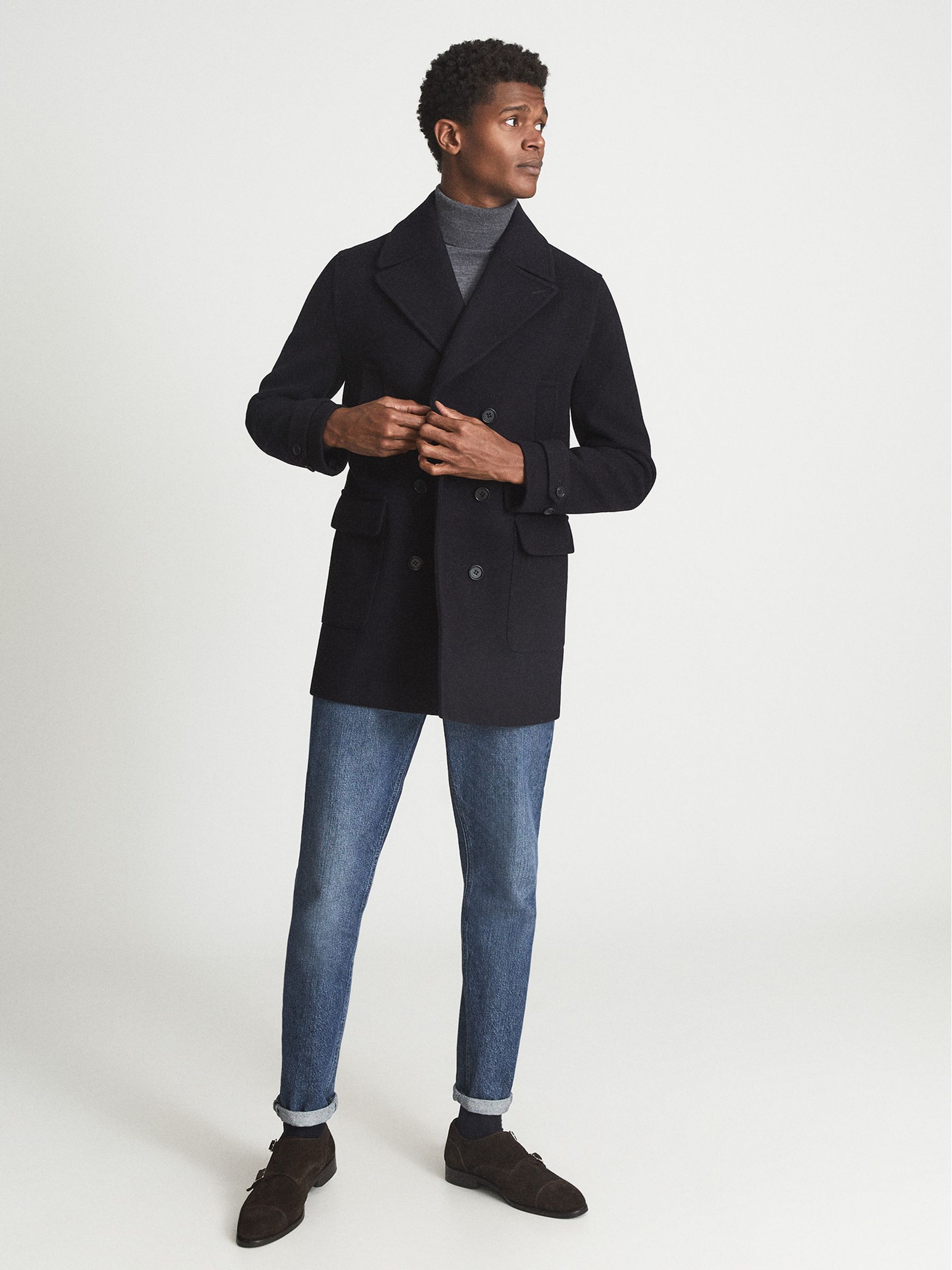 Double Breasted Wool Blend Peacoat in Navy - Image 6 of 6