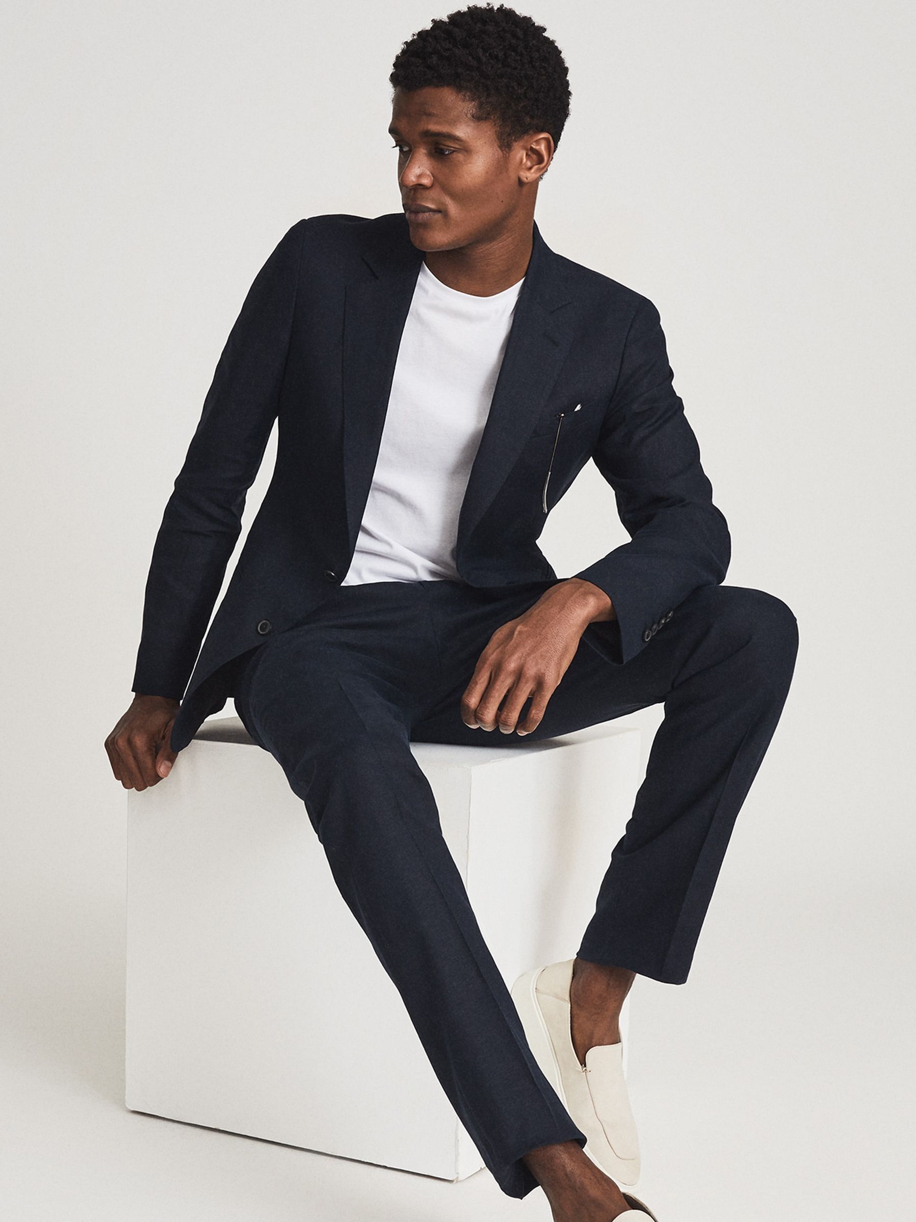 Slim Fit Linen Trousers in Navy - Image 1 of 4