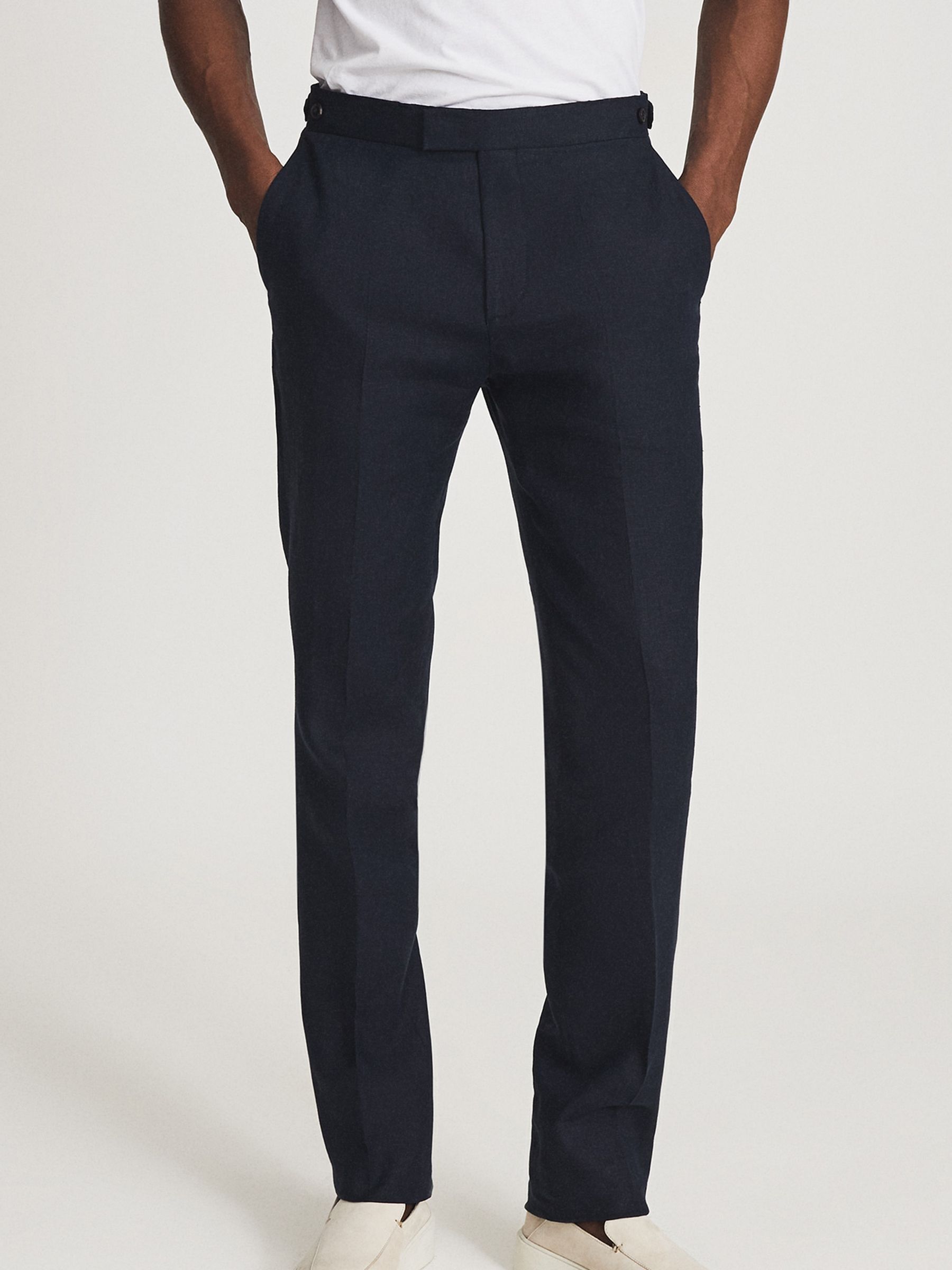 Slim Fit Linen Trousers in Navy - Image 3 of 4