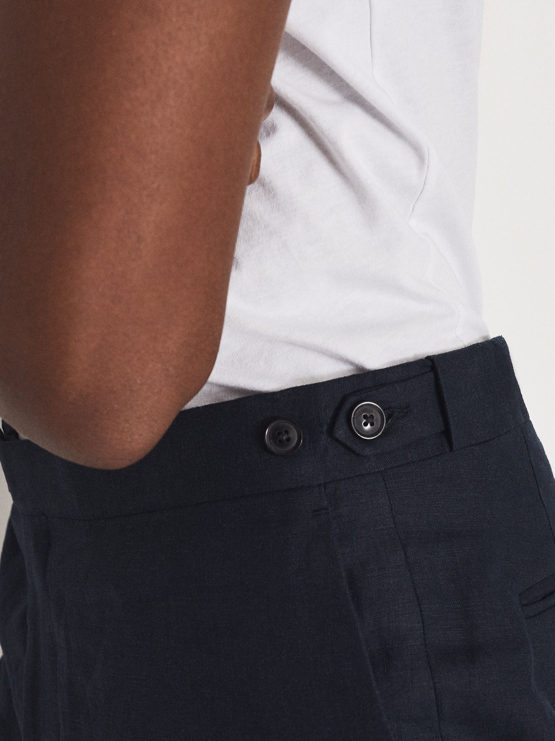 Slim Fit Linen Trousers in Navy - Image 4 of 4